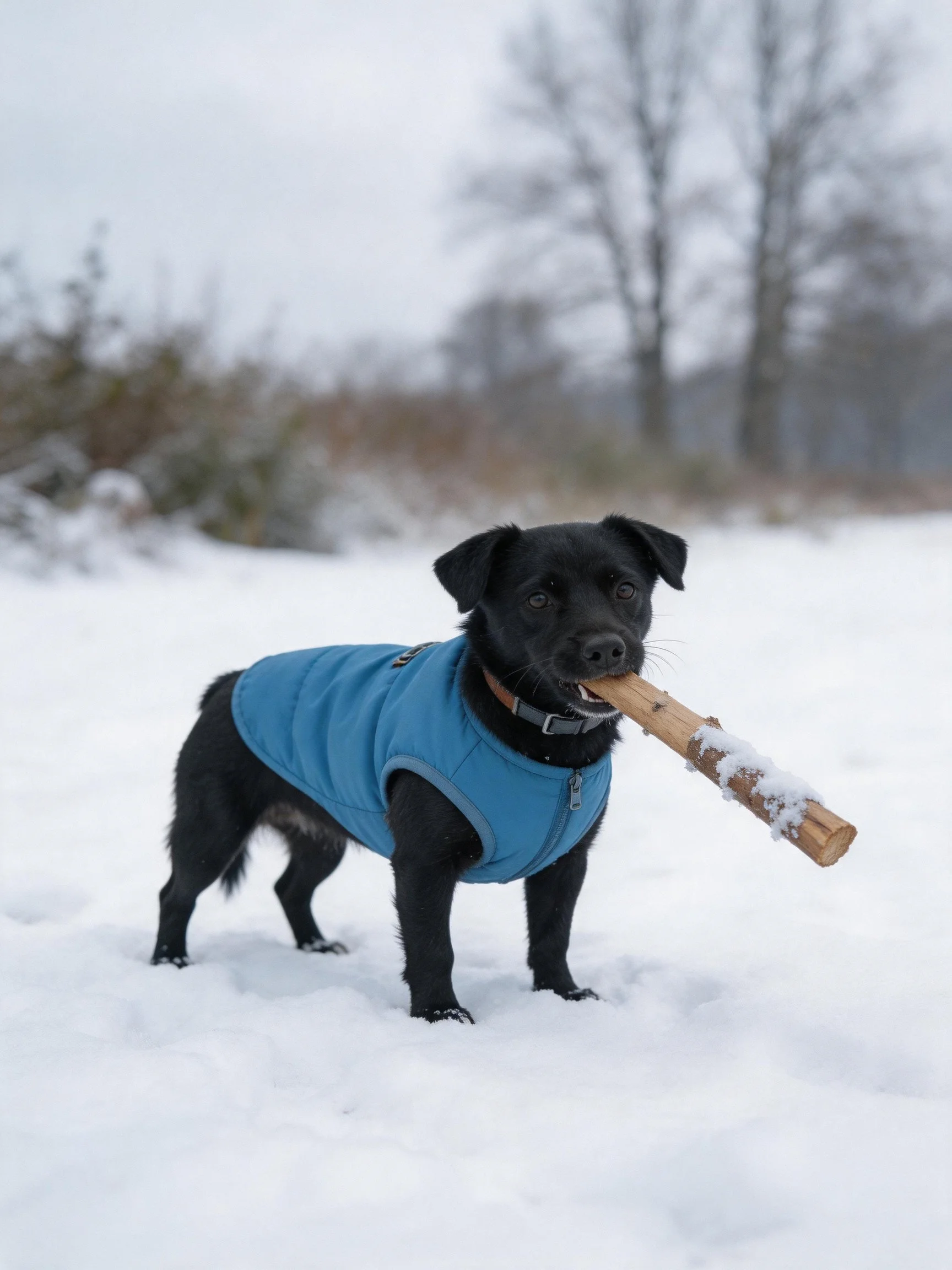 A black dog in a blue coat carries a snow - dusted wooden stick on snowy terrain