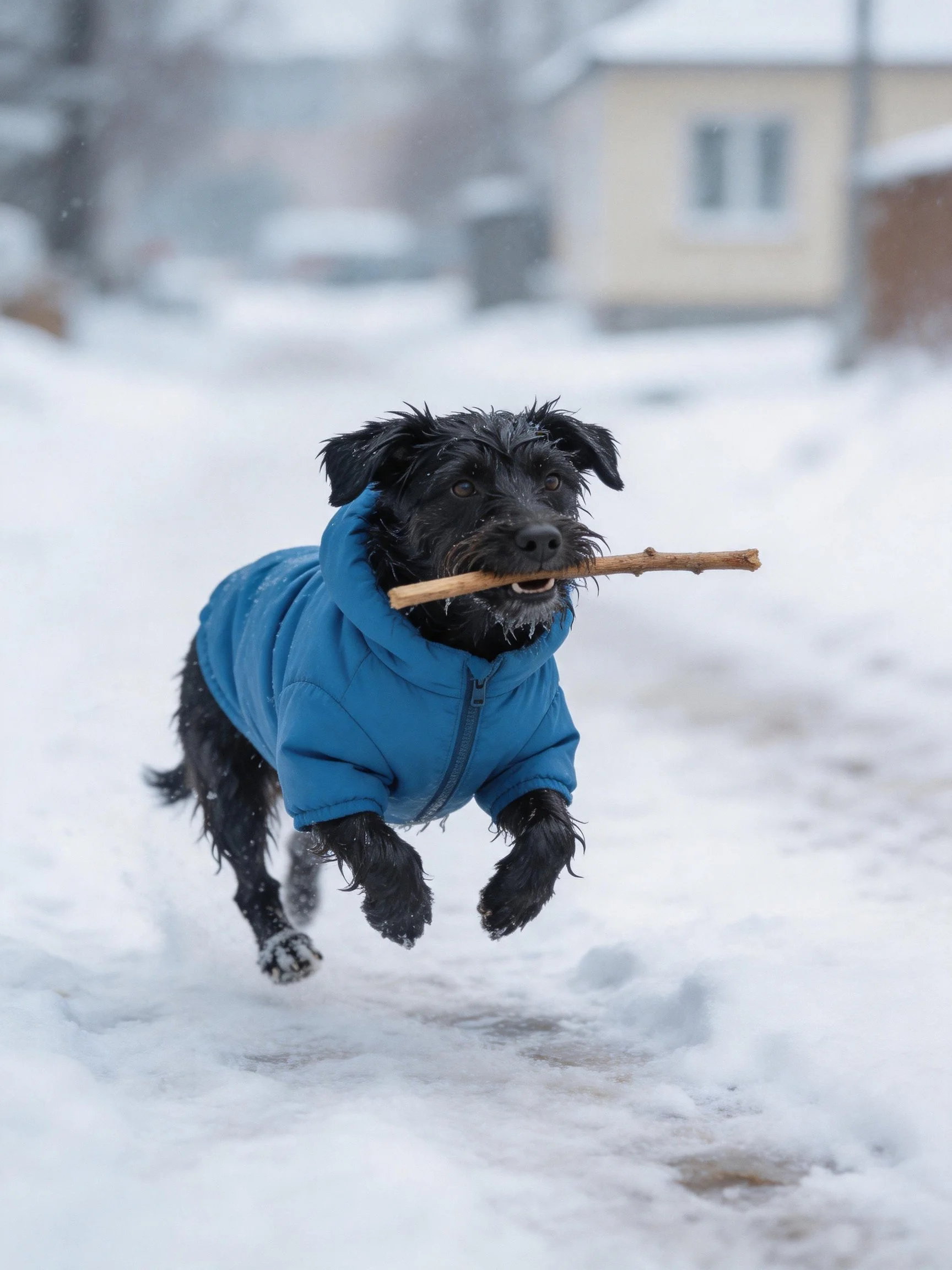 A black dog in a blue jacket runs through snow with a stick