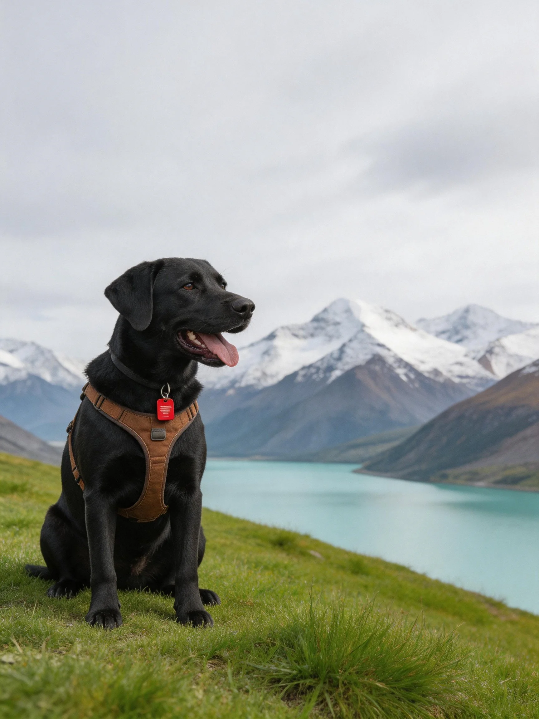 A black dog in a harness rests on grass beside a turquoise lake with snow-capped mountains