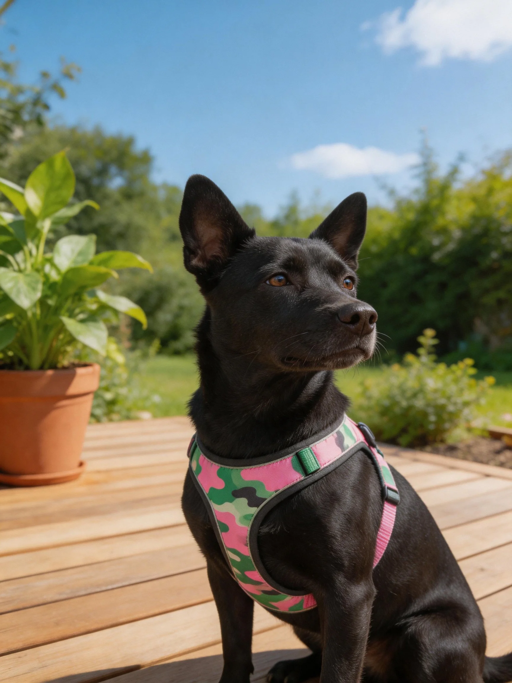 A black dog in a colorful harness sits on a wooden deck in an outdoor garden.
