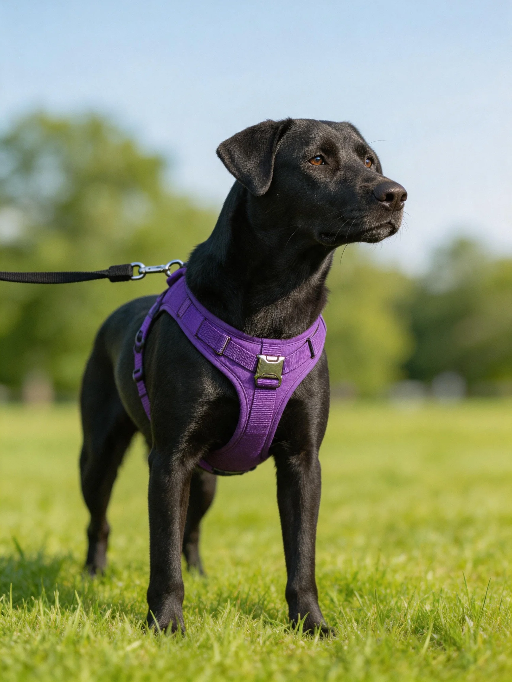 A black dog in a purple harness stands on green grass