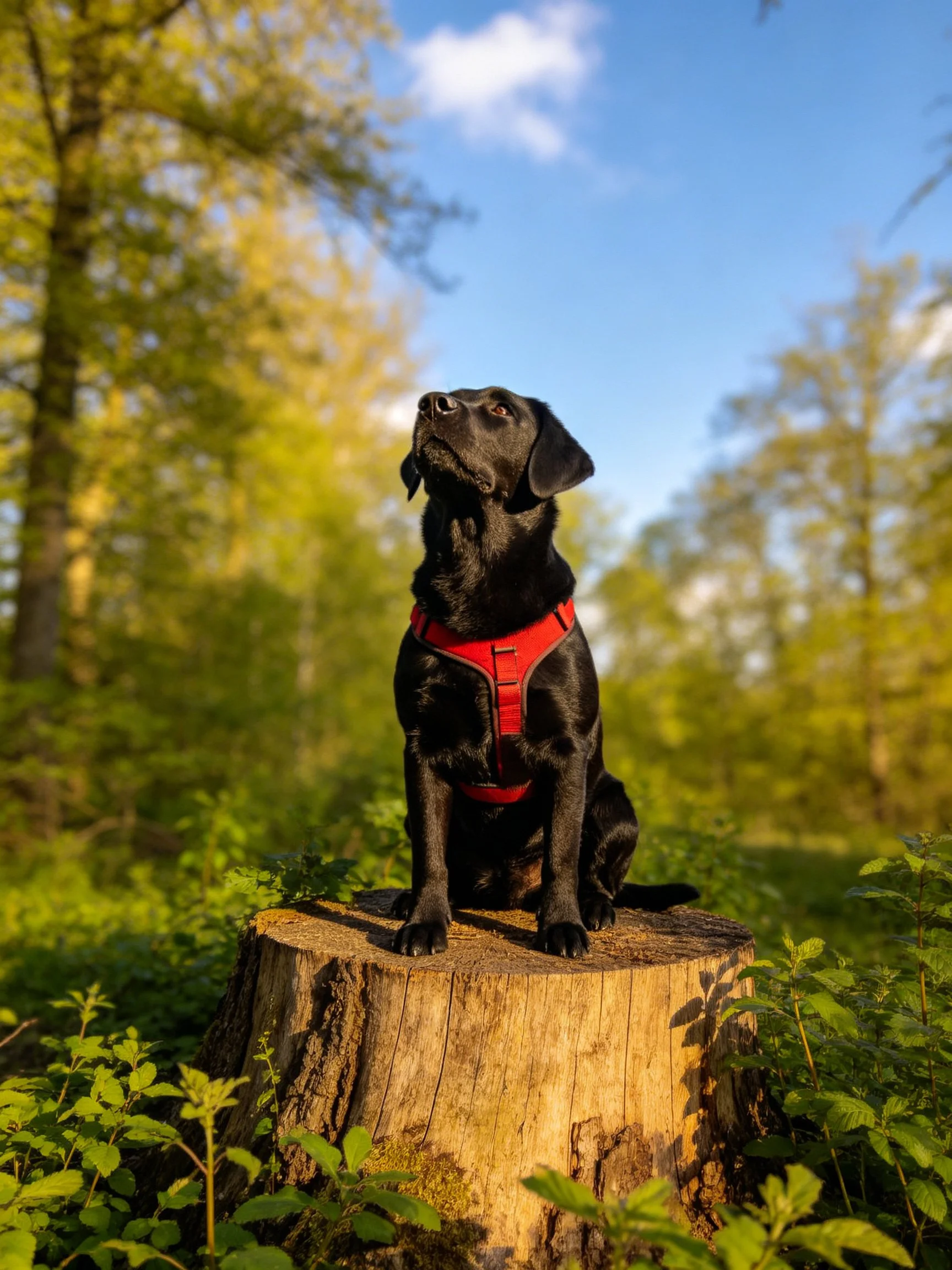 A black dog in a red harness sits on a tree stump in a sunlit forest