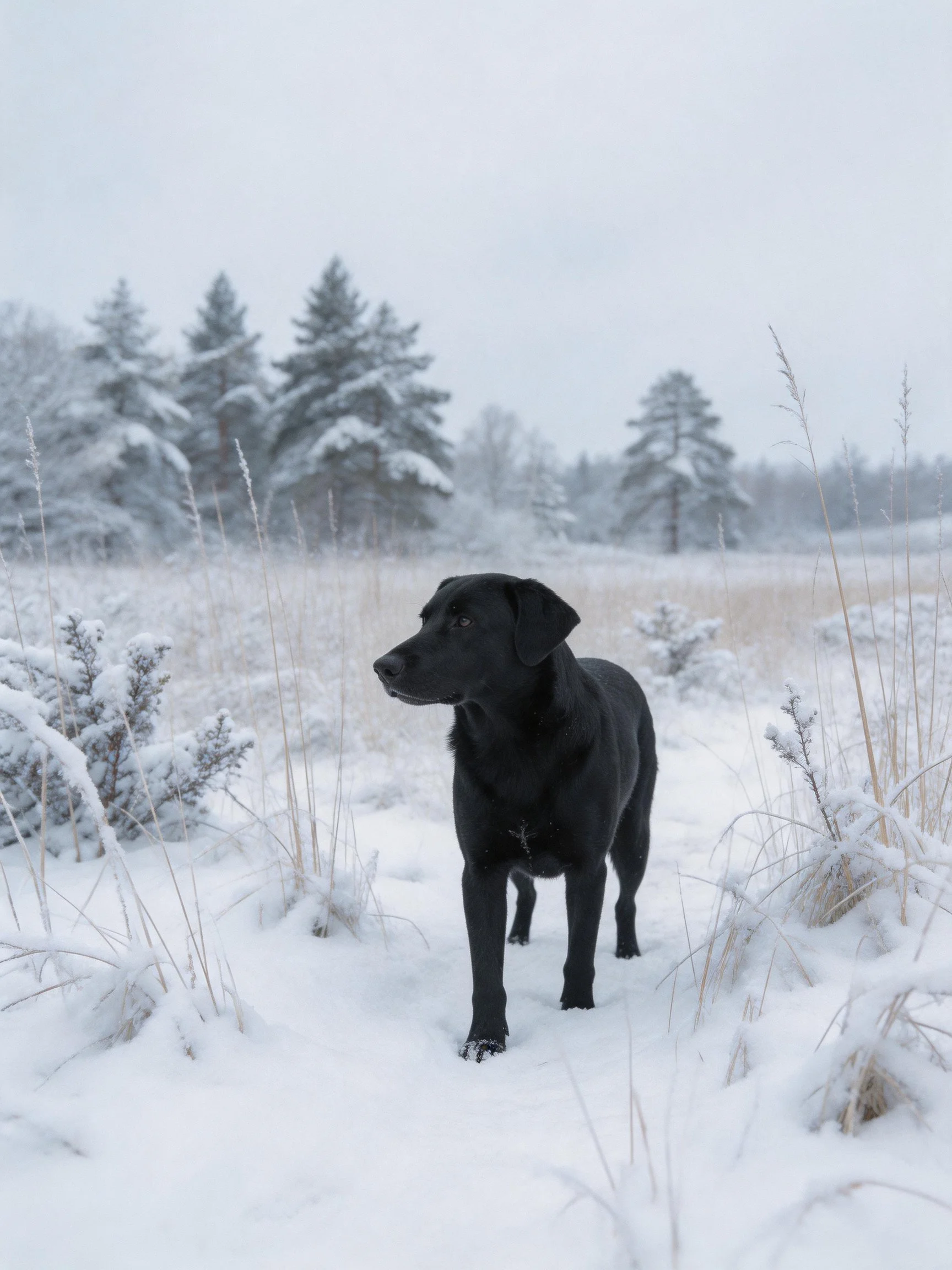 A black dog in a snow - covered field near pine trees