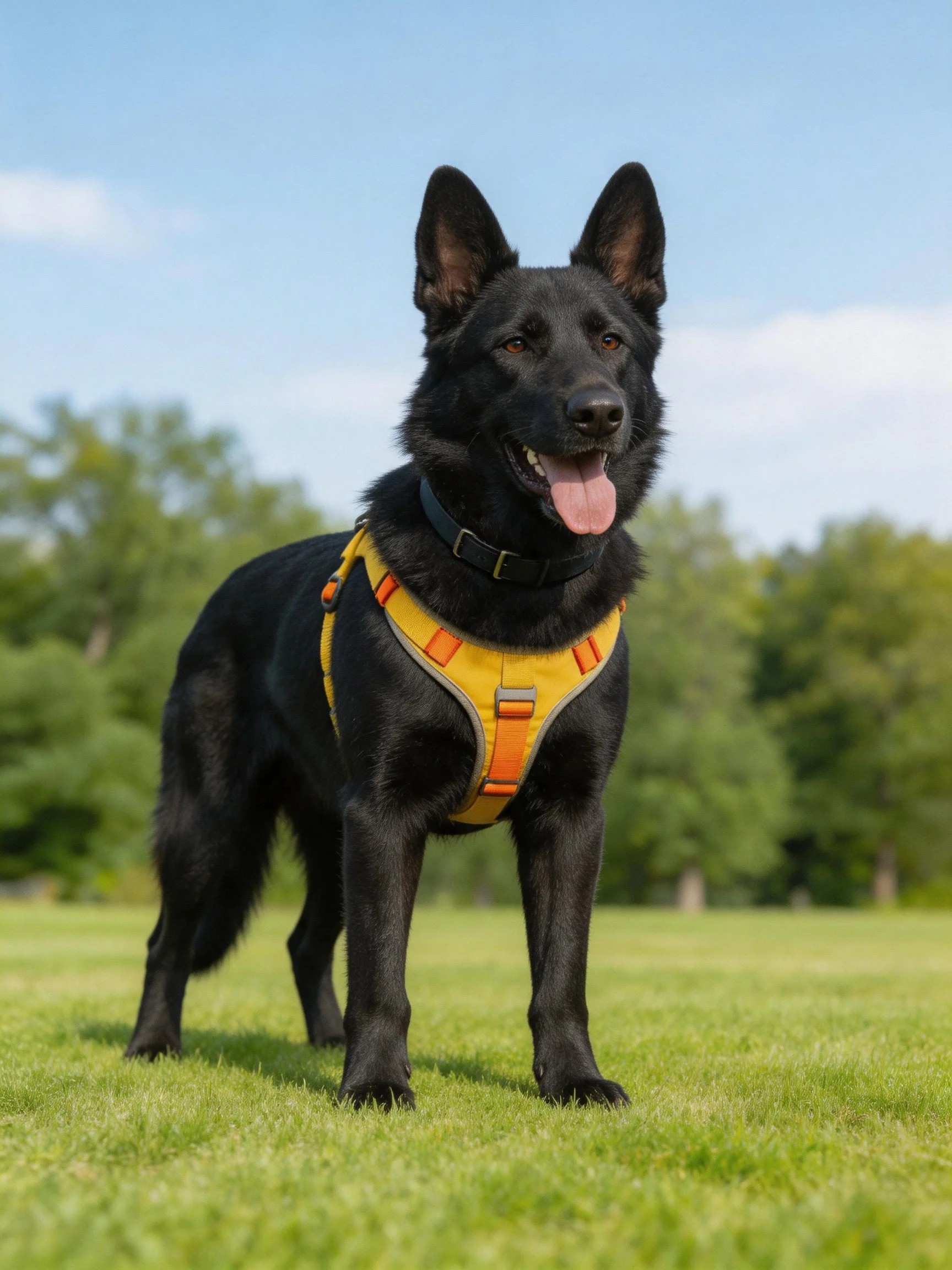 A black dog in a yellow harness stands on green grass