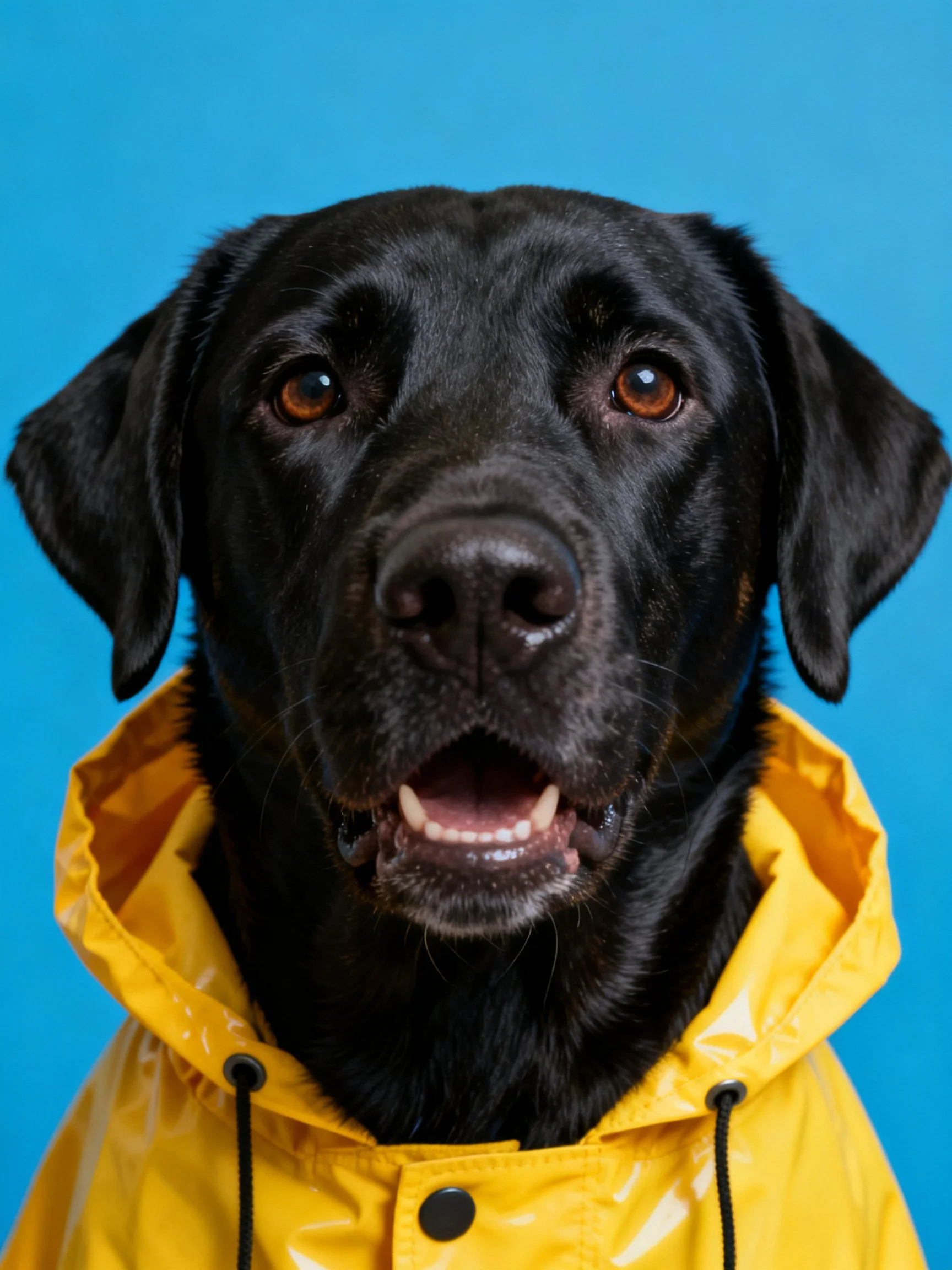 A black dog in a yellow raincoat against a blue backdrop