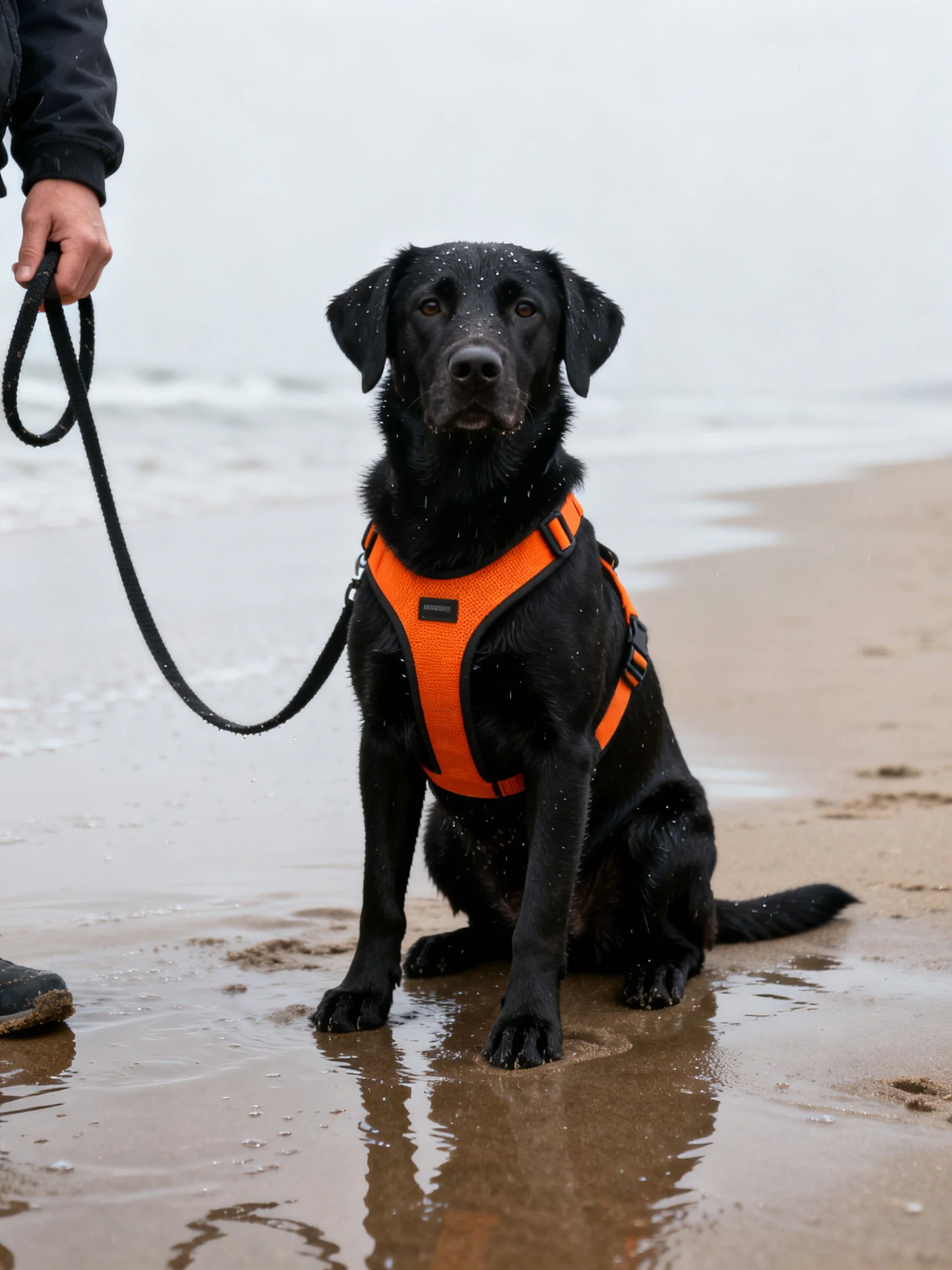 A black dog in an orange harness sits on a wet sandy beach