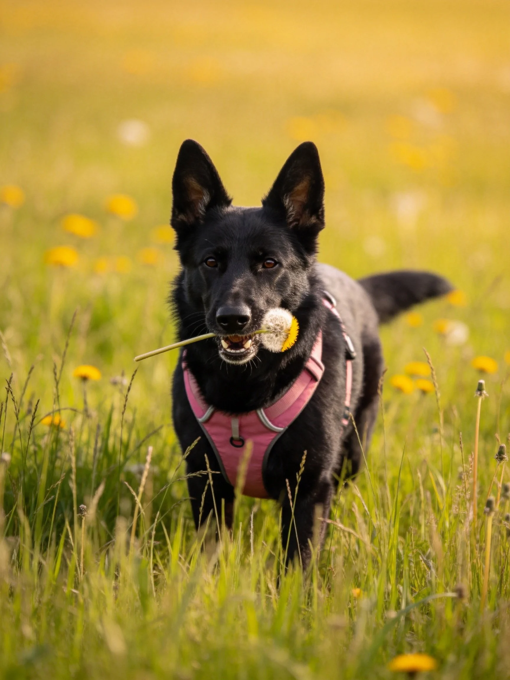 A black dog in pink harness holds a dandelion in a grassy meadow