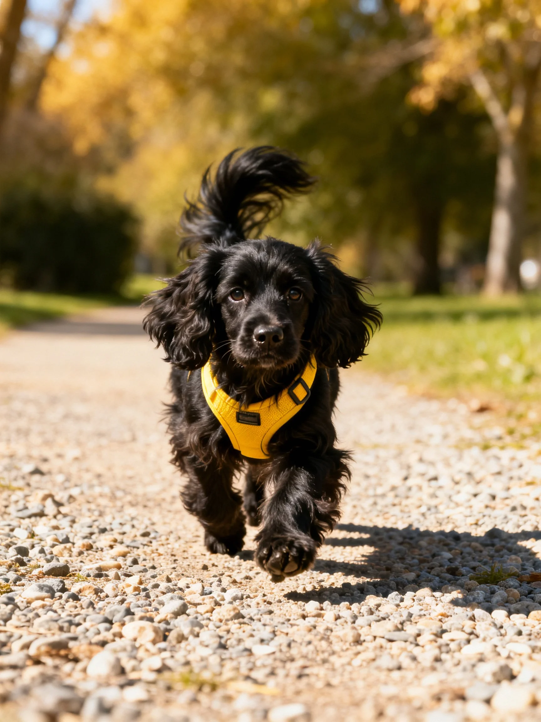 A black dog in yellow harness runs on gravel path with autumn backdrop