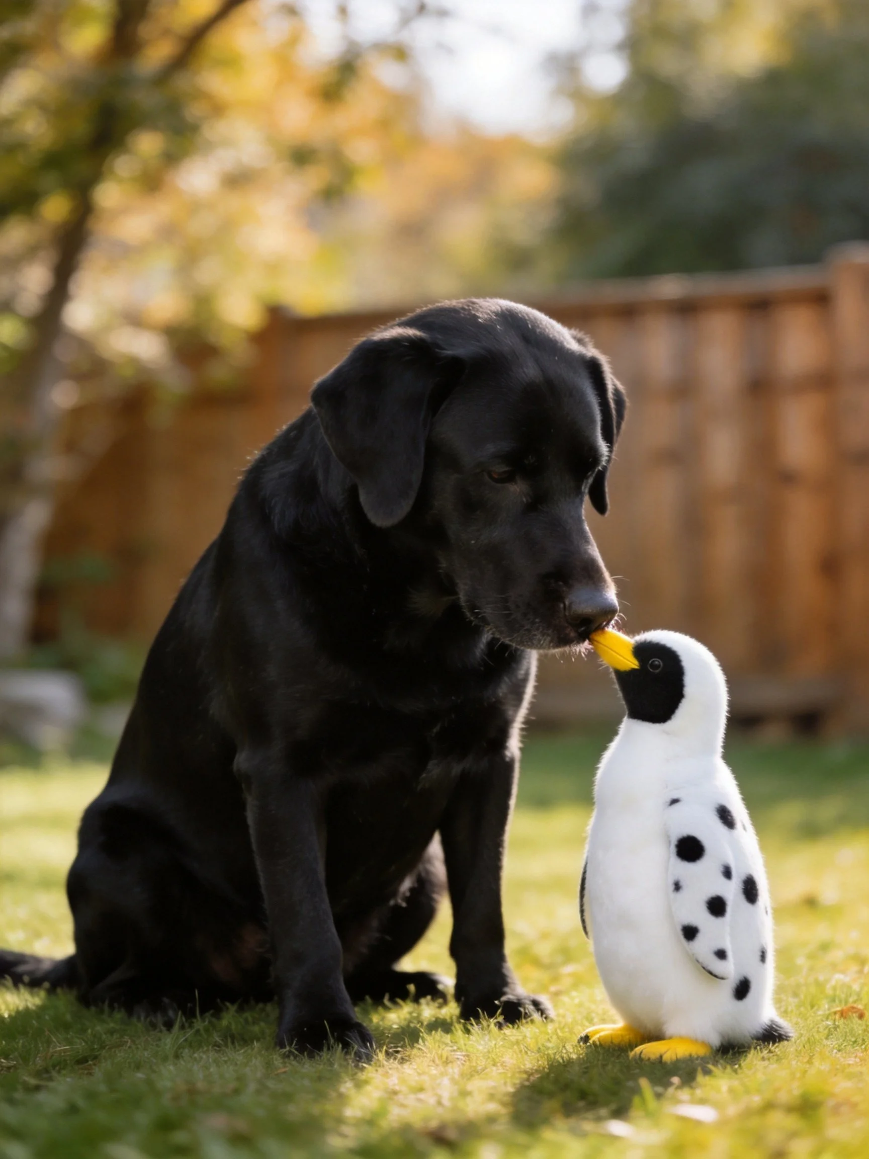 A black dog interacts with a spotted white plush toy in a fenced yard