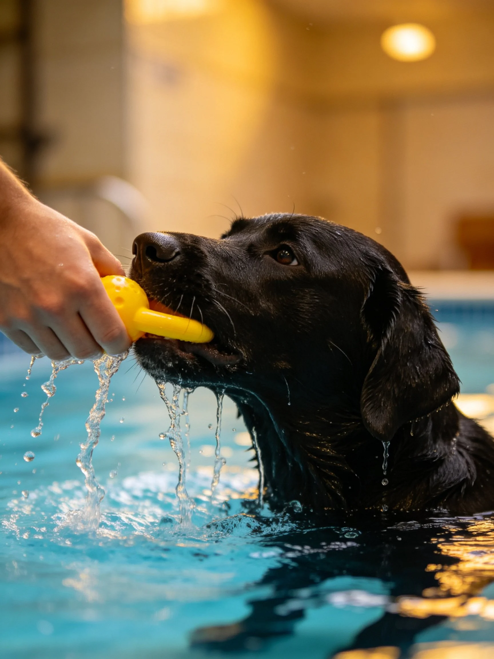 A black dog interacts with a yellow toy in a indoor pool