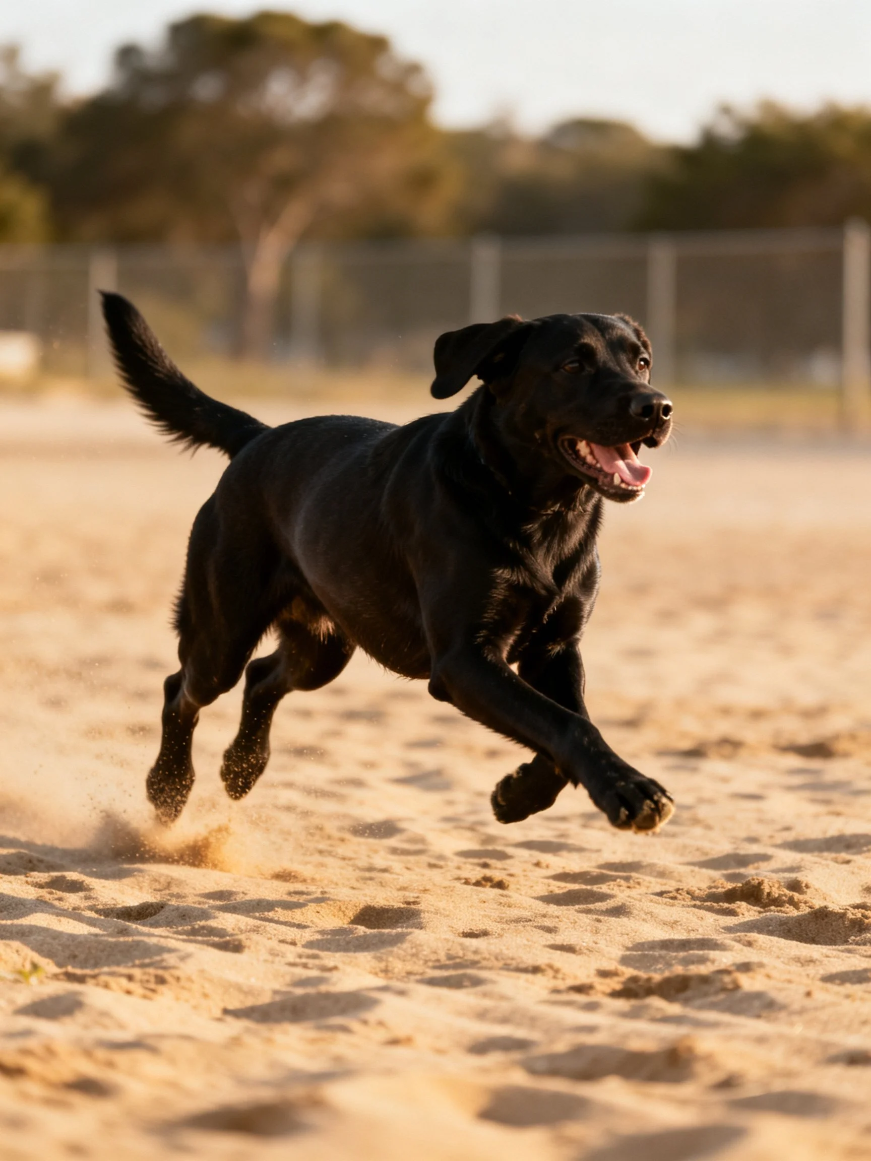 A black dog joyfully dashes across sandy ground with a fenced backdrop