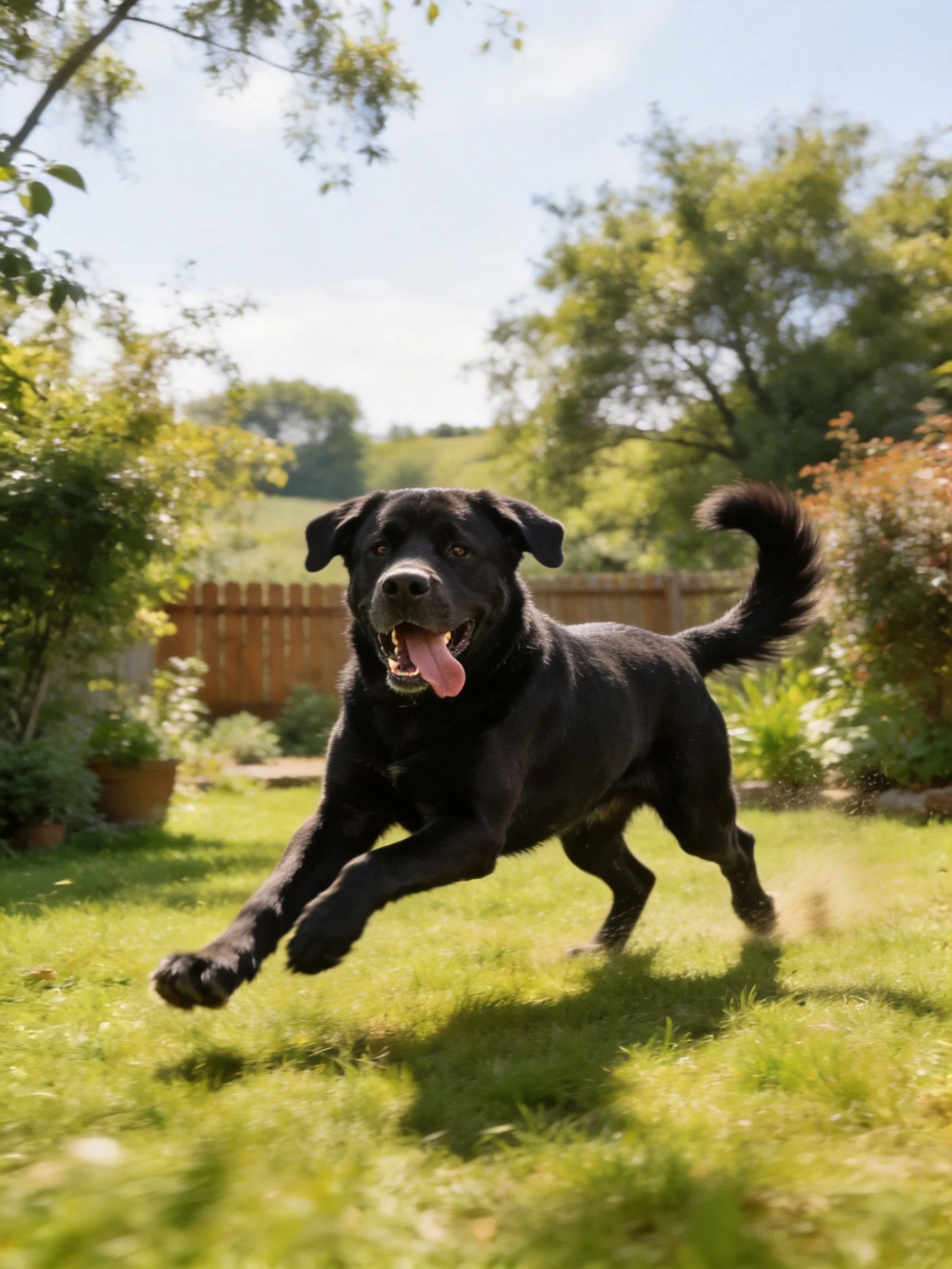 A black dog joyfully runs through a sunny backyard garden