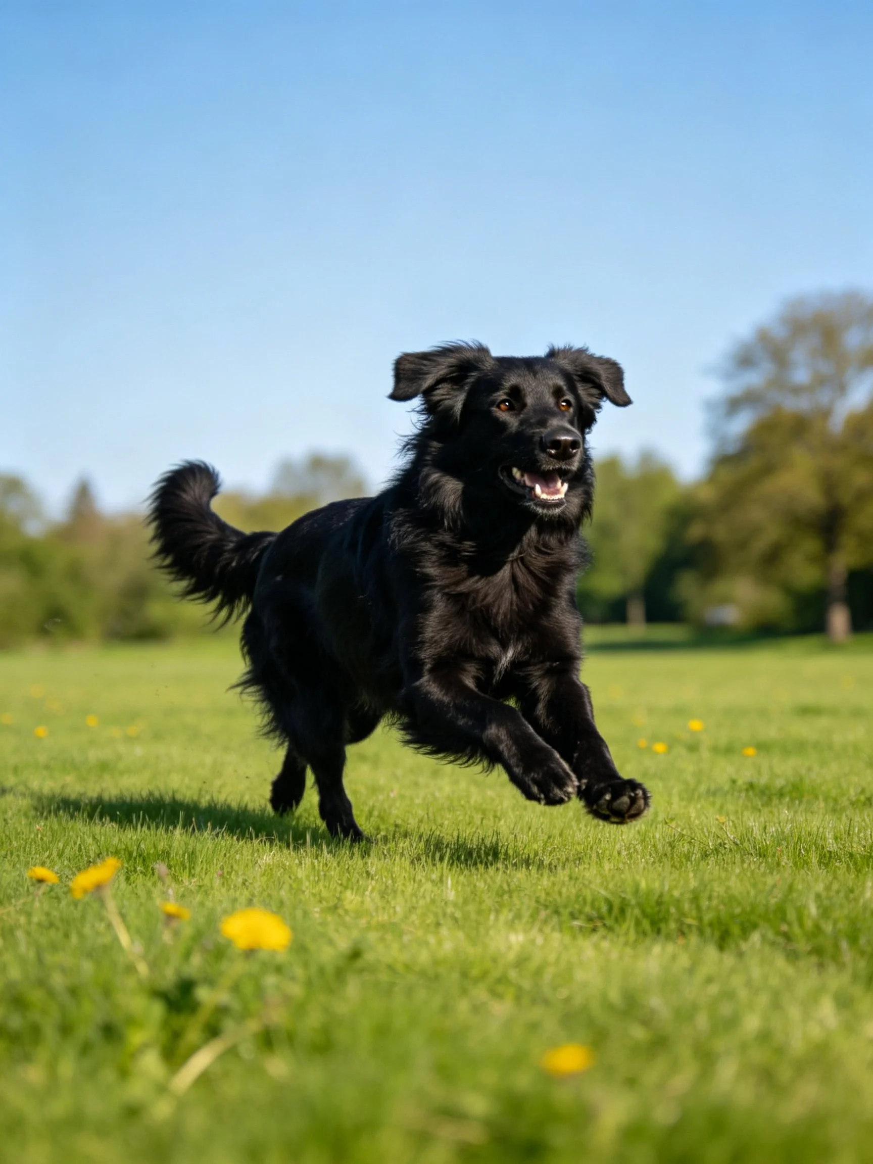A black dog joyfully runs through a sunny meadow with yellow flowers
