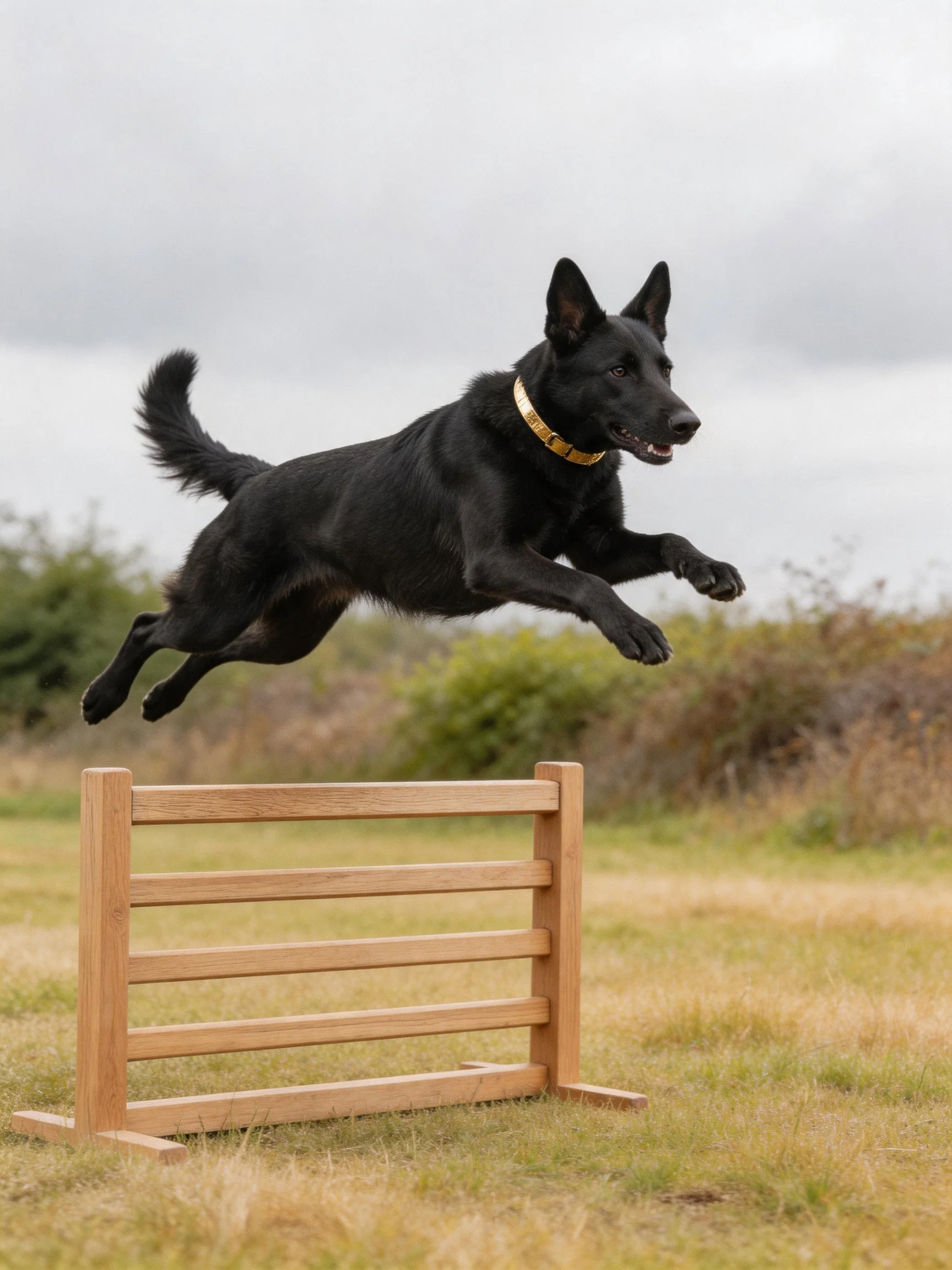 A black dog jumps over a wooden agility obstacle in an outdoor field