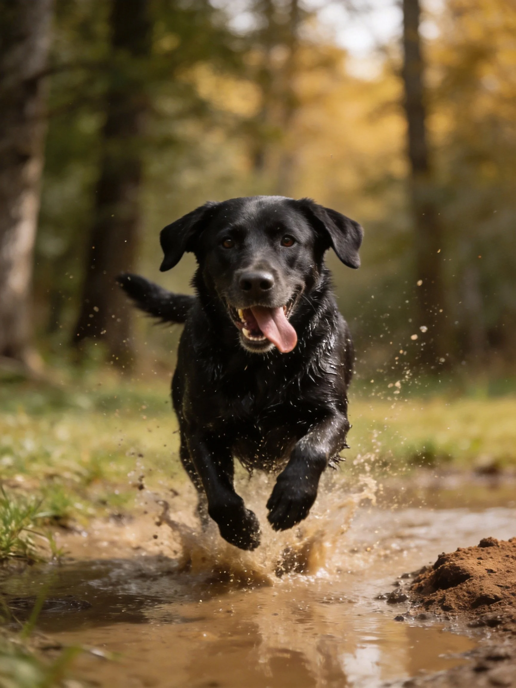 A black dog leaping through a muddy forest stream
