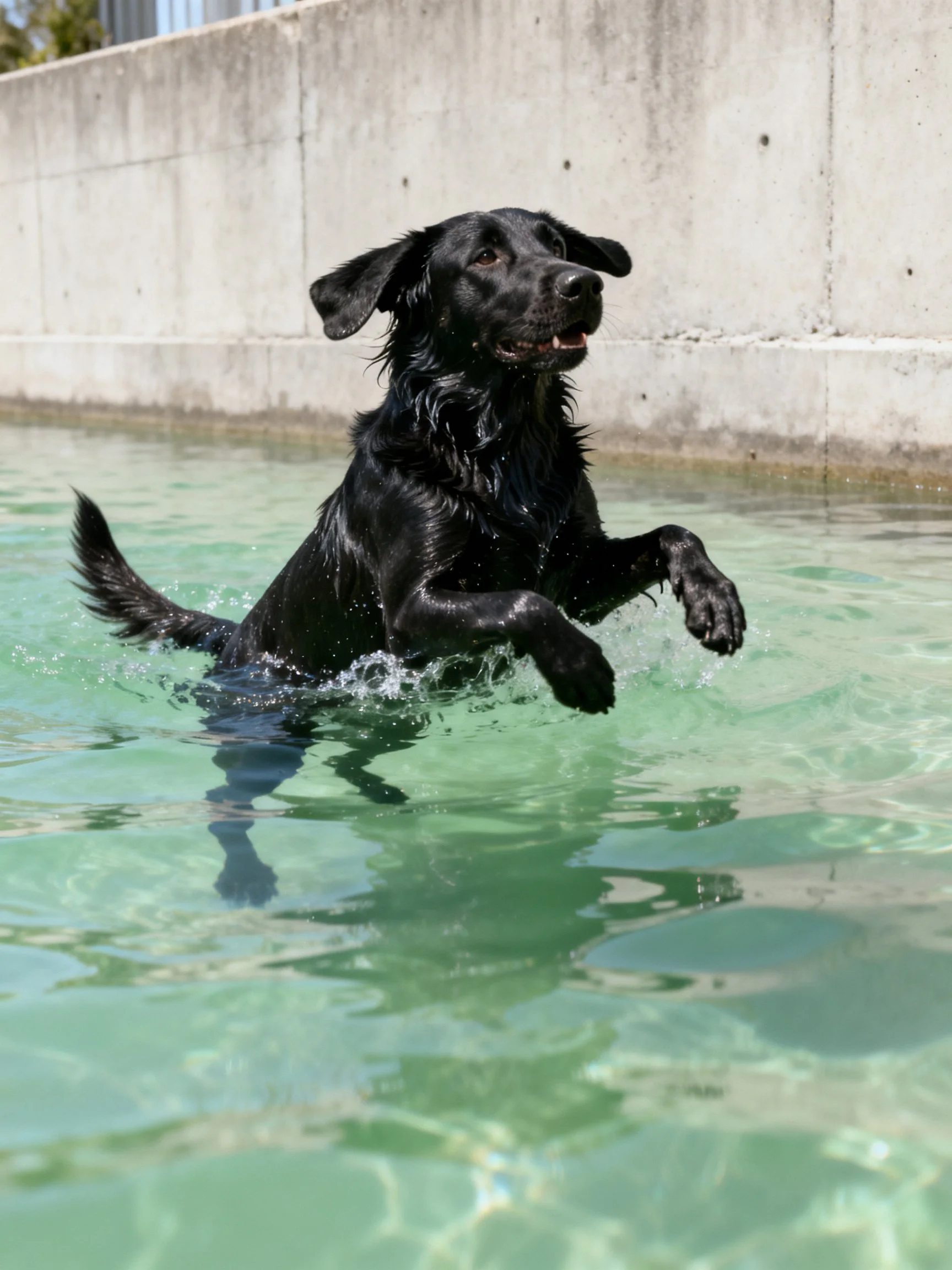 A black dog leaps in clear water beside a concrete wall