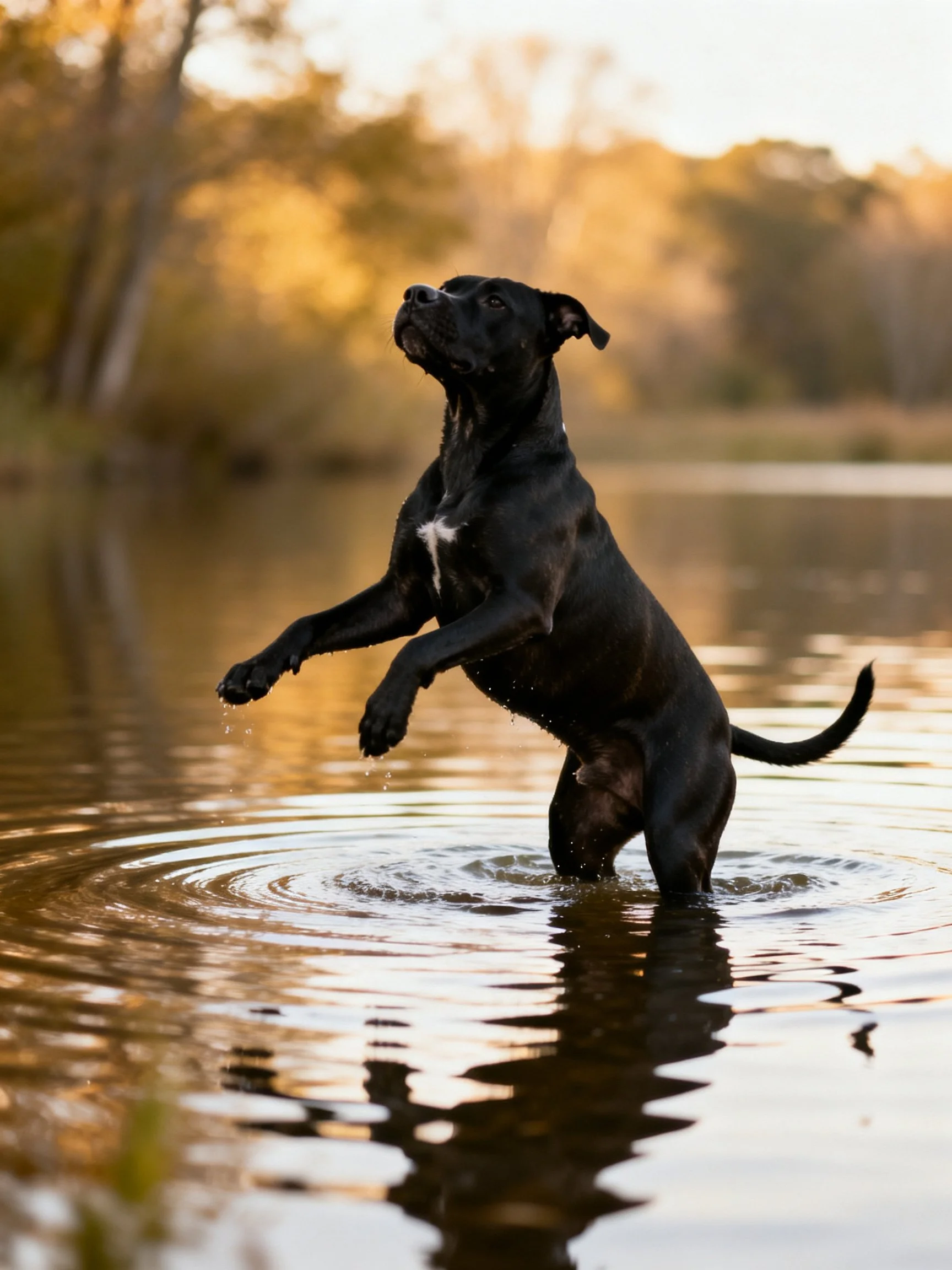 A black dog leaps into shallow water during golden hour