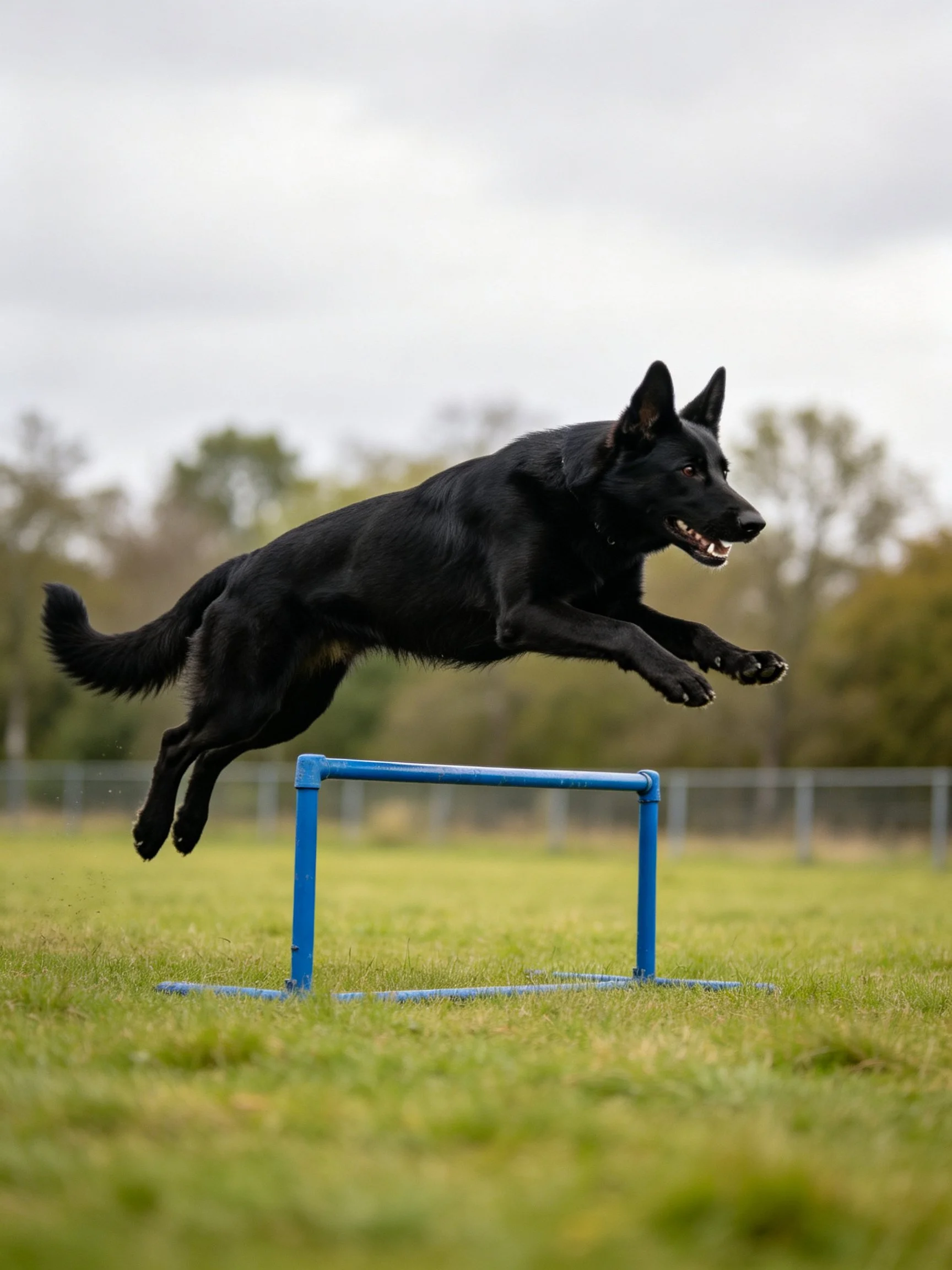 A black dog jumps over a blue agility hurdle in an outdoor setting