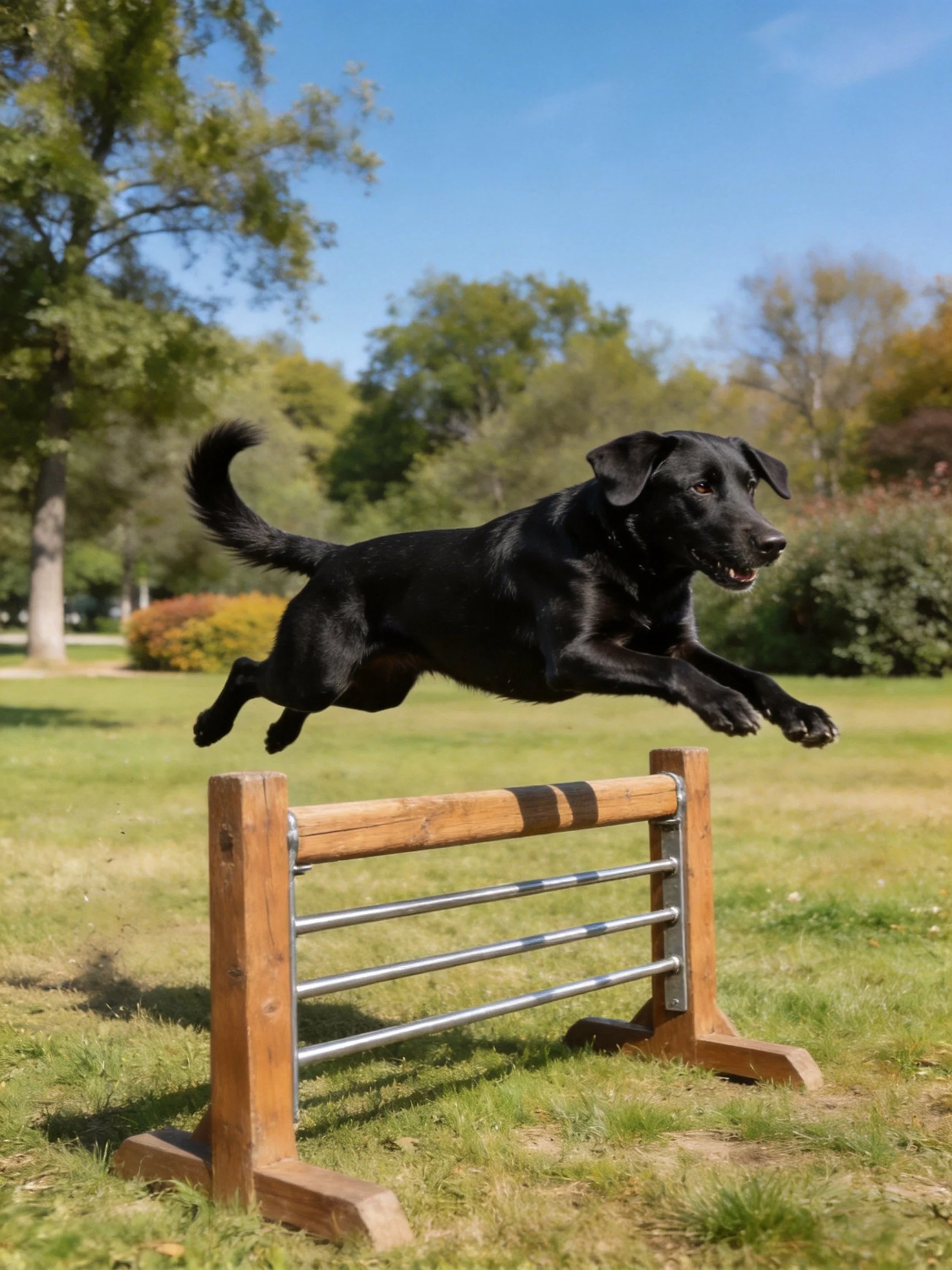 A black dog leaps over a wooden obstacle in a sunny park