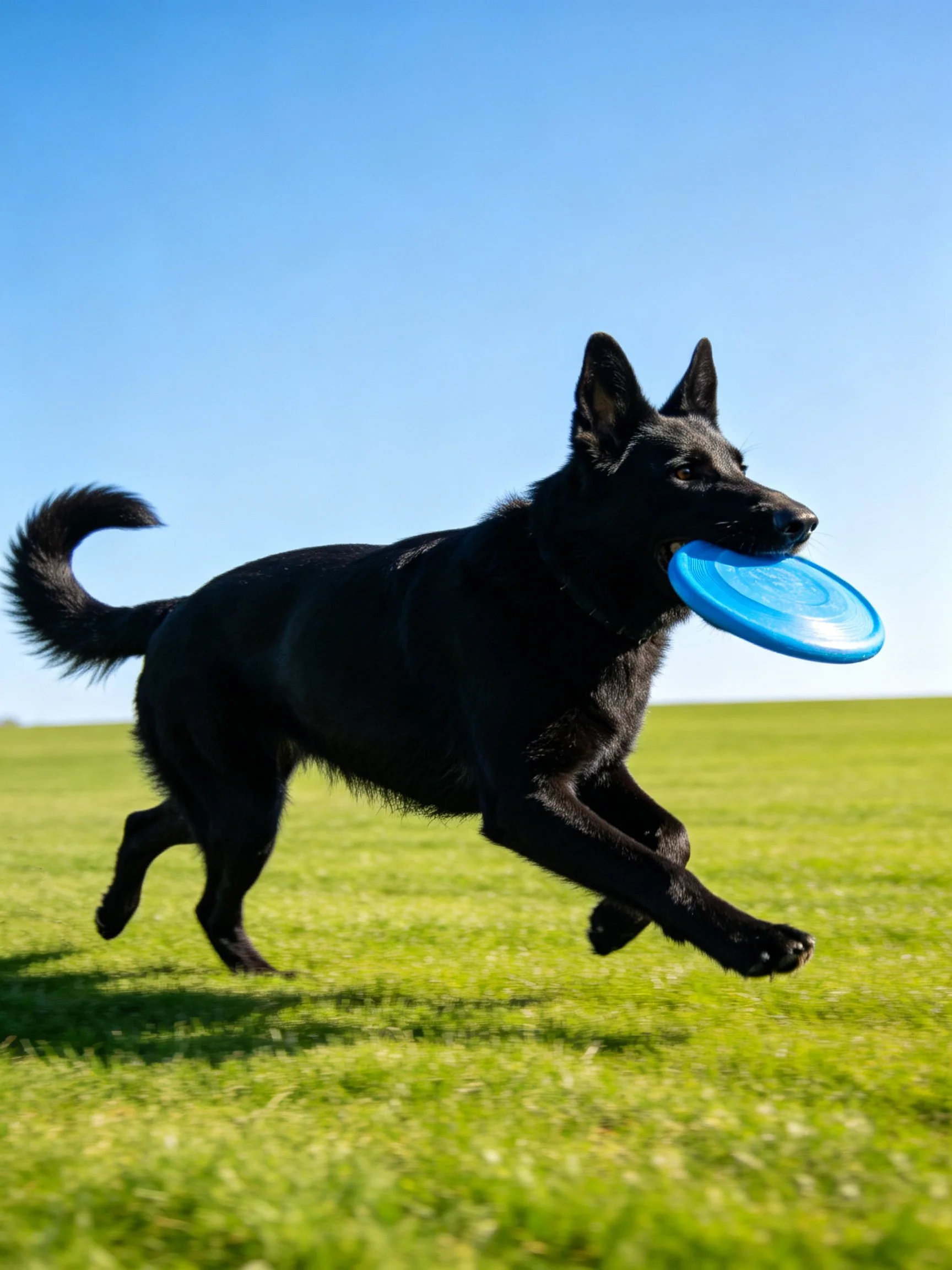 A black dog catches a blue frisbee while running across an open grassy area.
