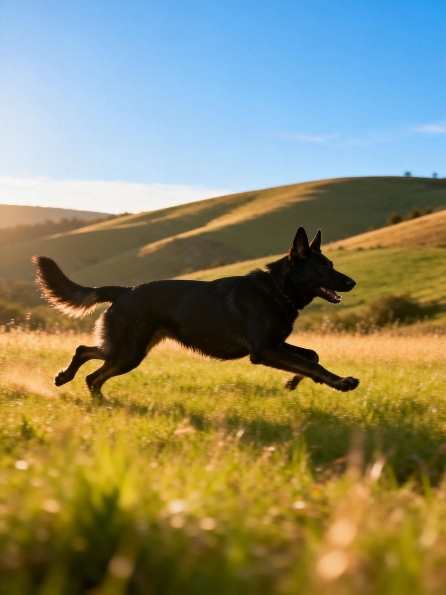 A black dog leaps through a sunlit grassy meadow near rolling hills