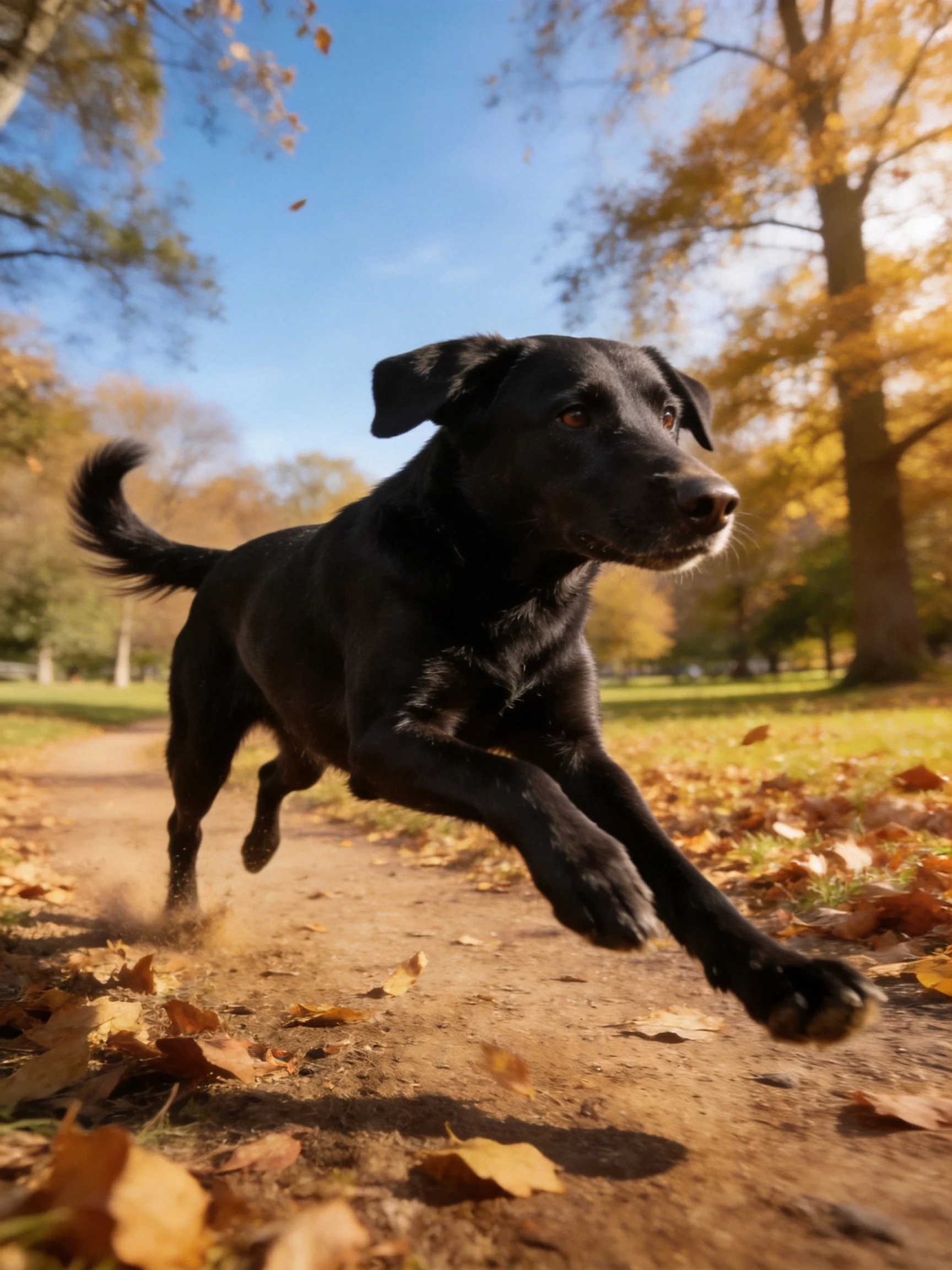 A black dog leaps through golden autumn leaves on a dirt path