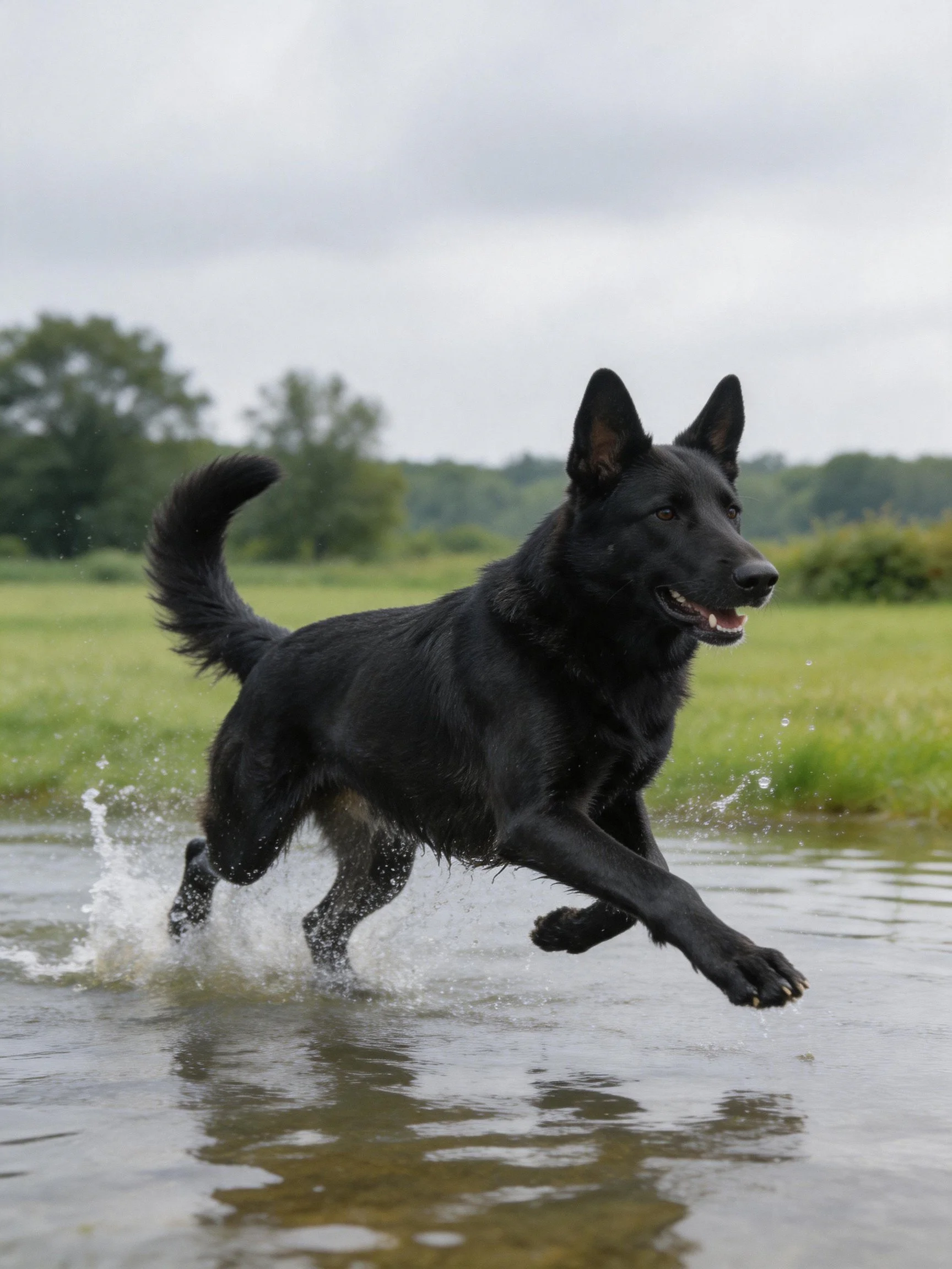 A black dog leaps through shallow water near a grassy field