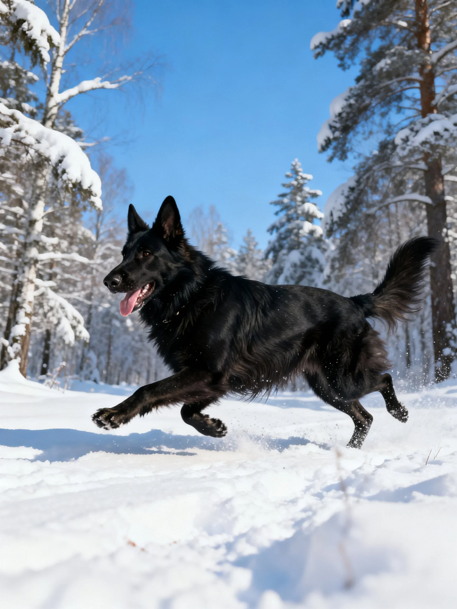 A black dog joyfully runs through a snowy forest with snow-covered trees.