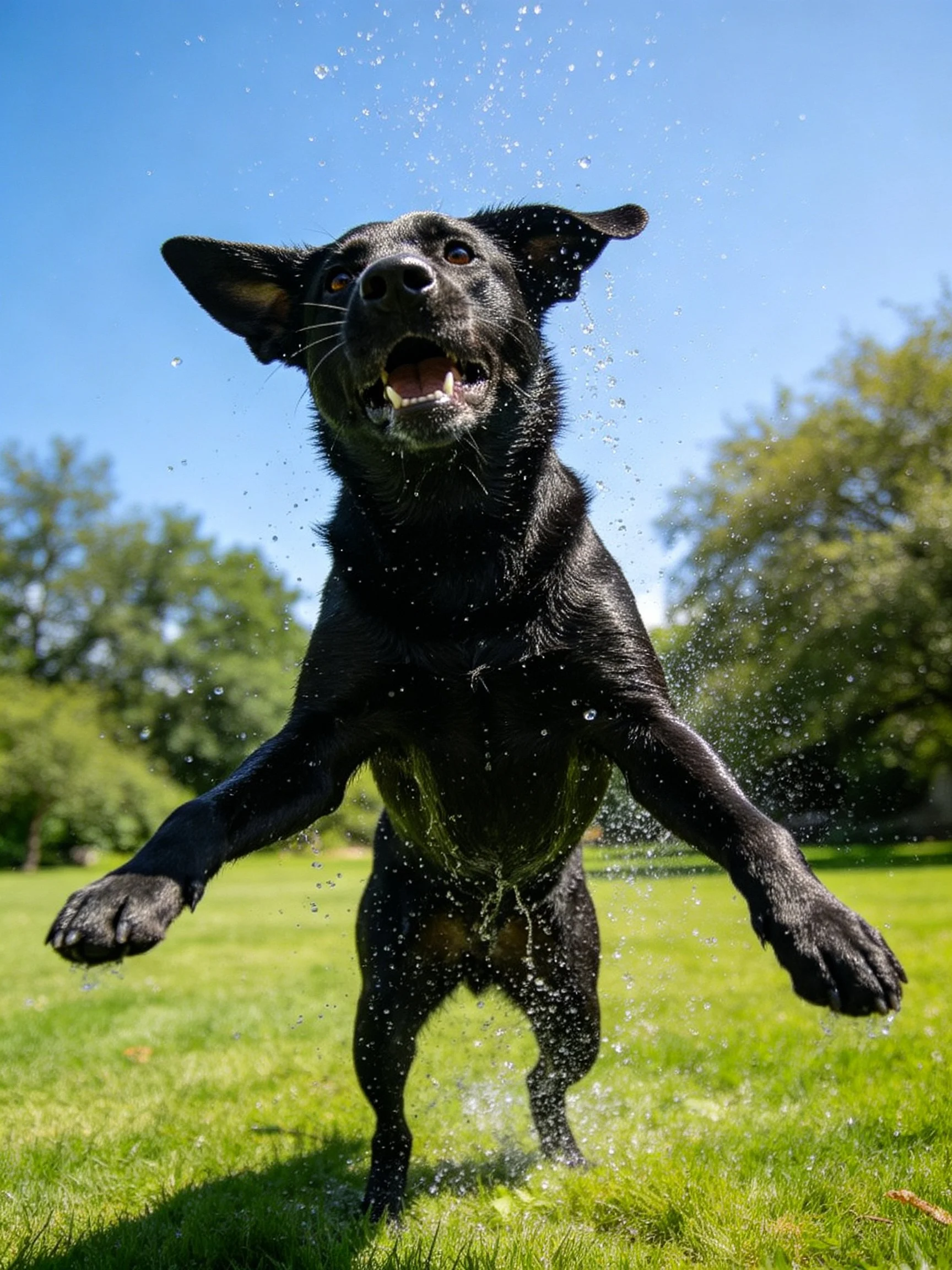A black dog jumps through water spray in a bright park.