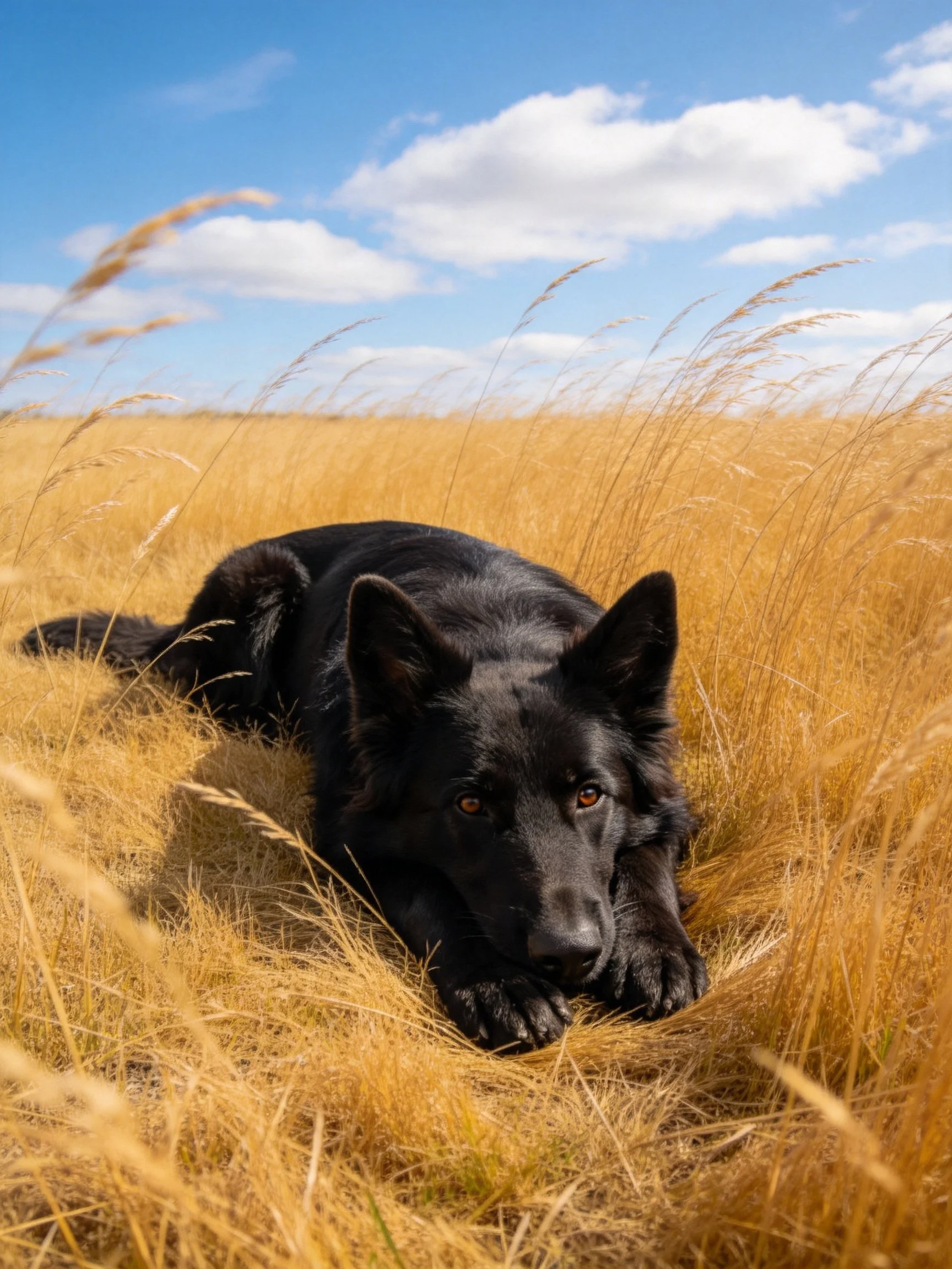 A black dog lies in tall golden grass beneath a clear blue sky