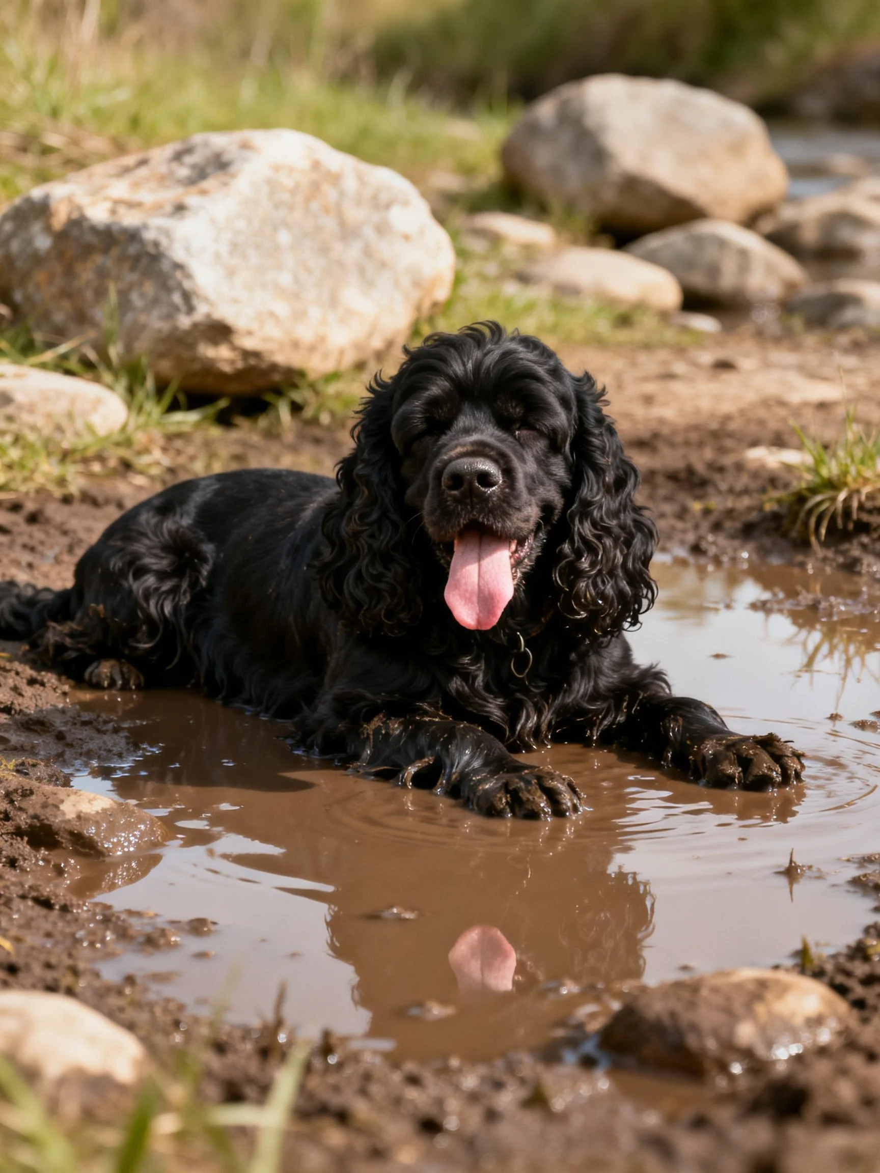 A black dog lounging in a muddy puddle near large rocks
