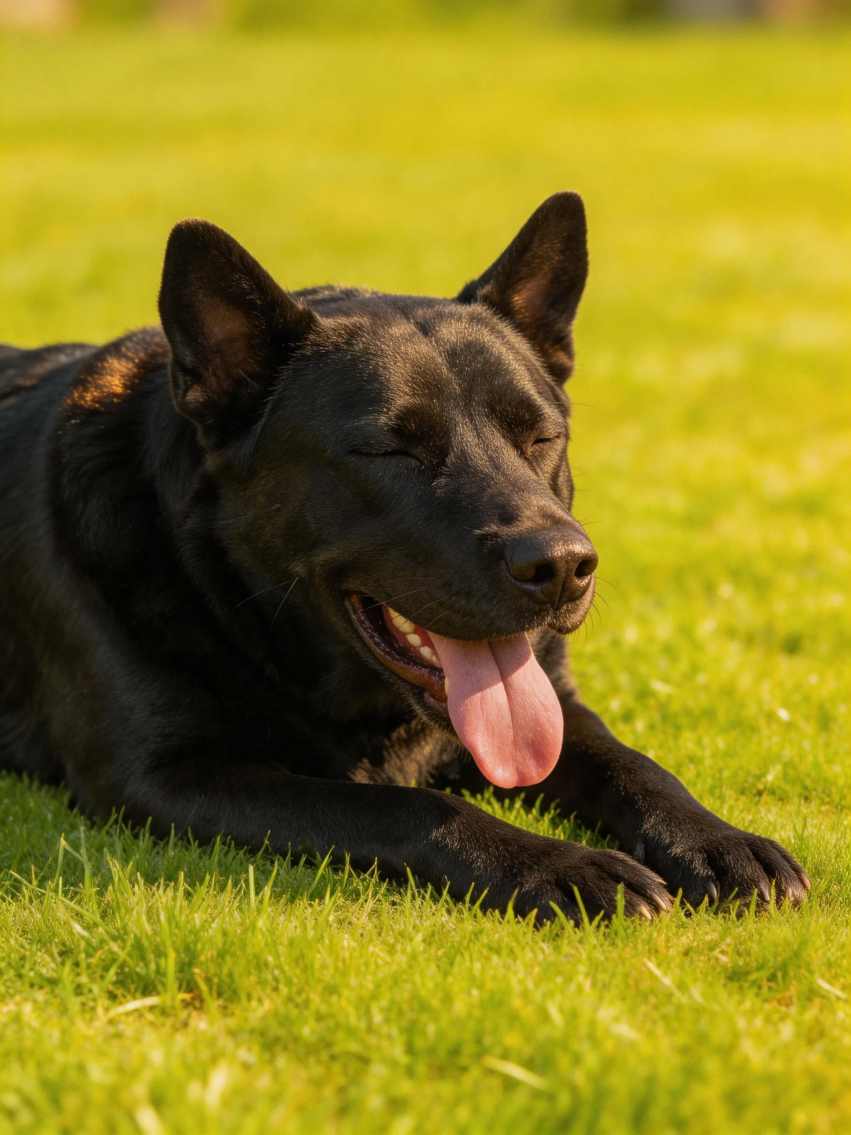 A black dog lounging on bright green grass