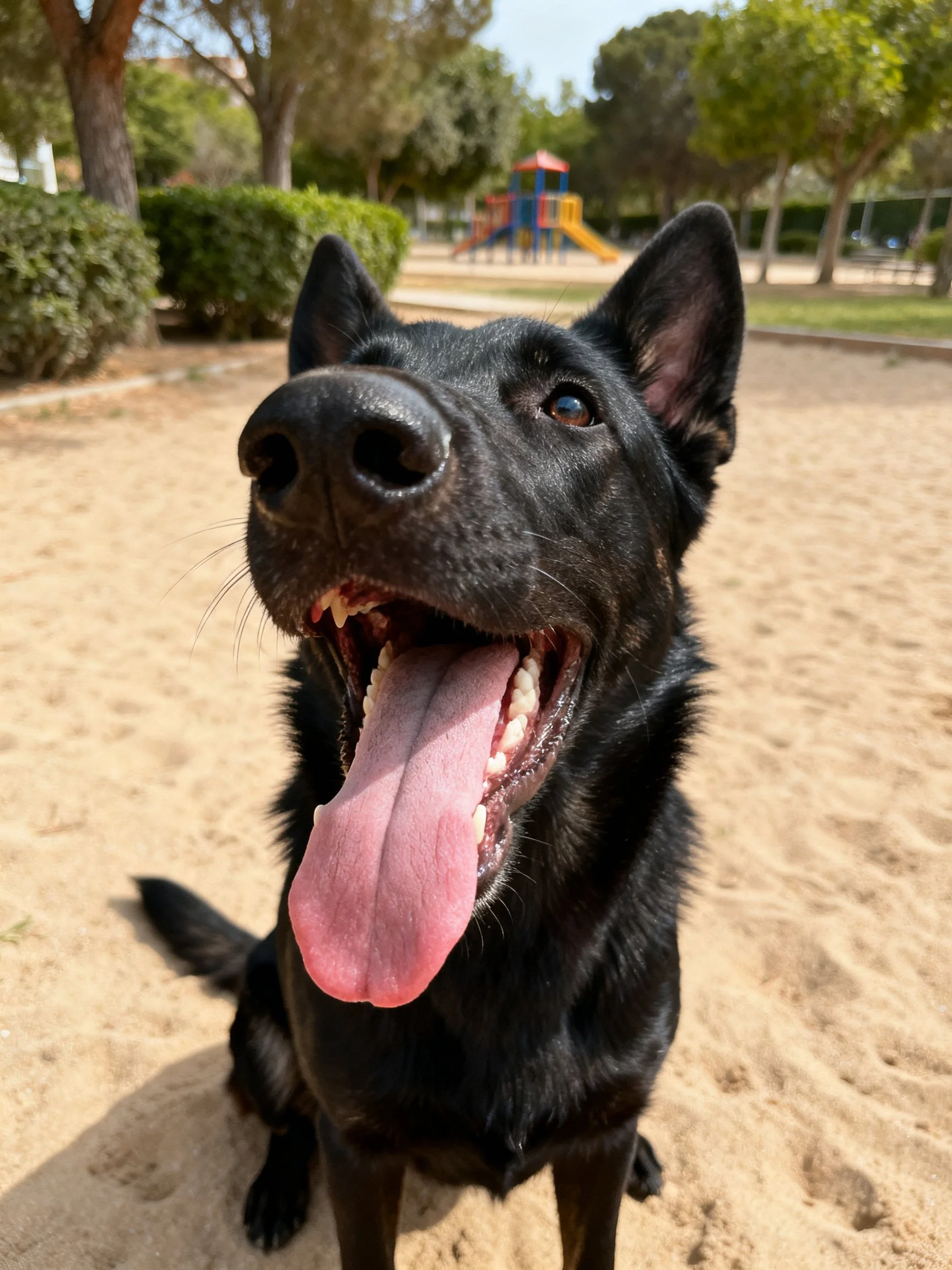 A black dog panting happily on sandy park ground with a playground nearby