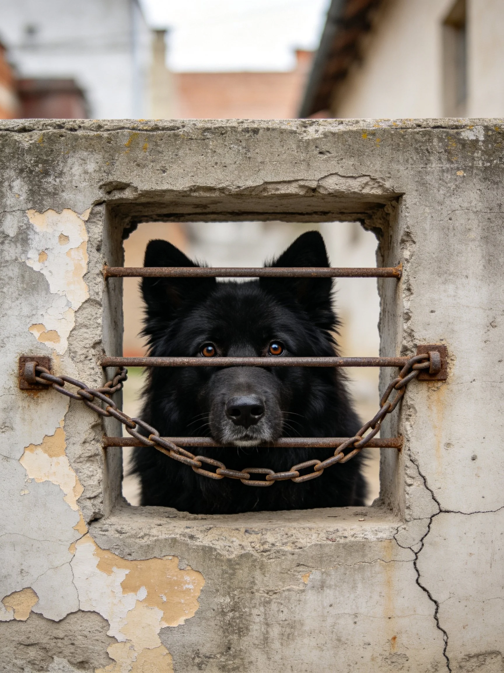 A black dog peers through an old concrete opening with rusted metal bars