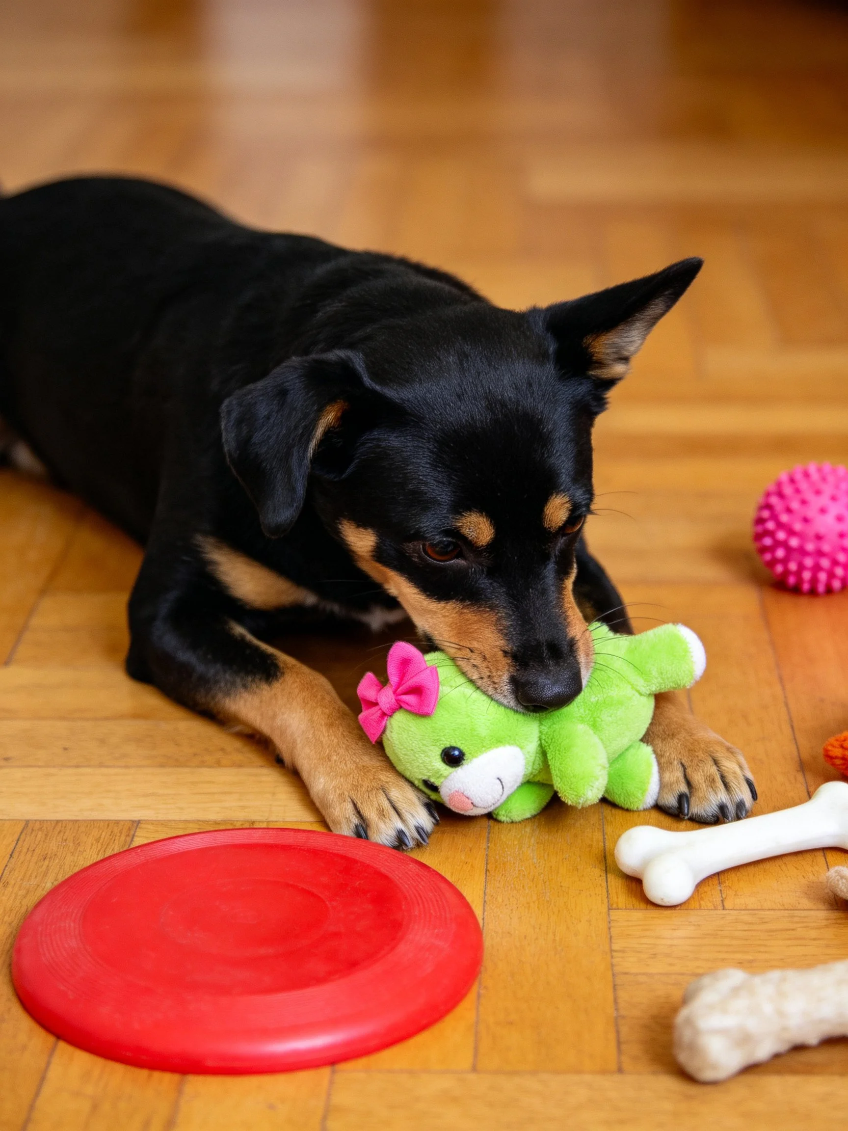 A black dog plays with a green stuffed toy among colorful pet toys