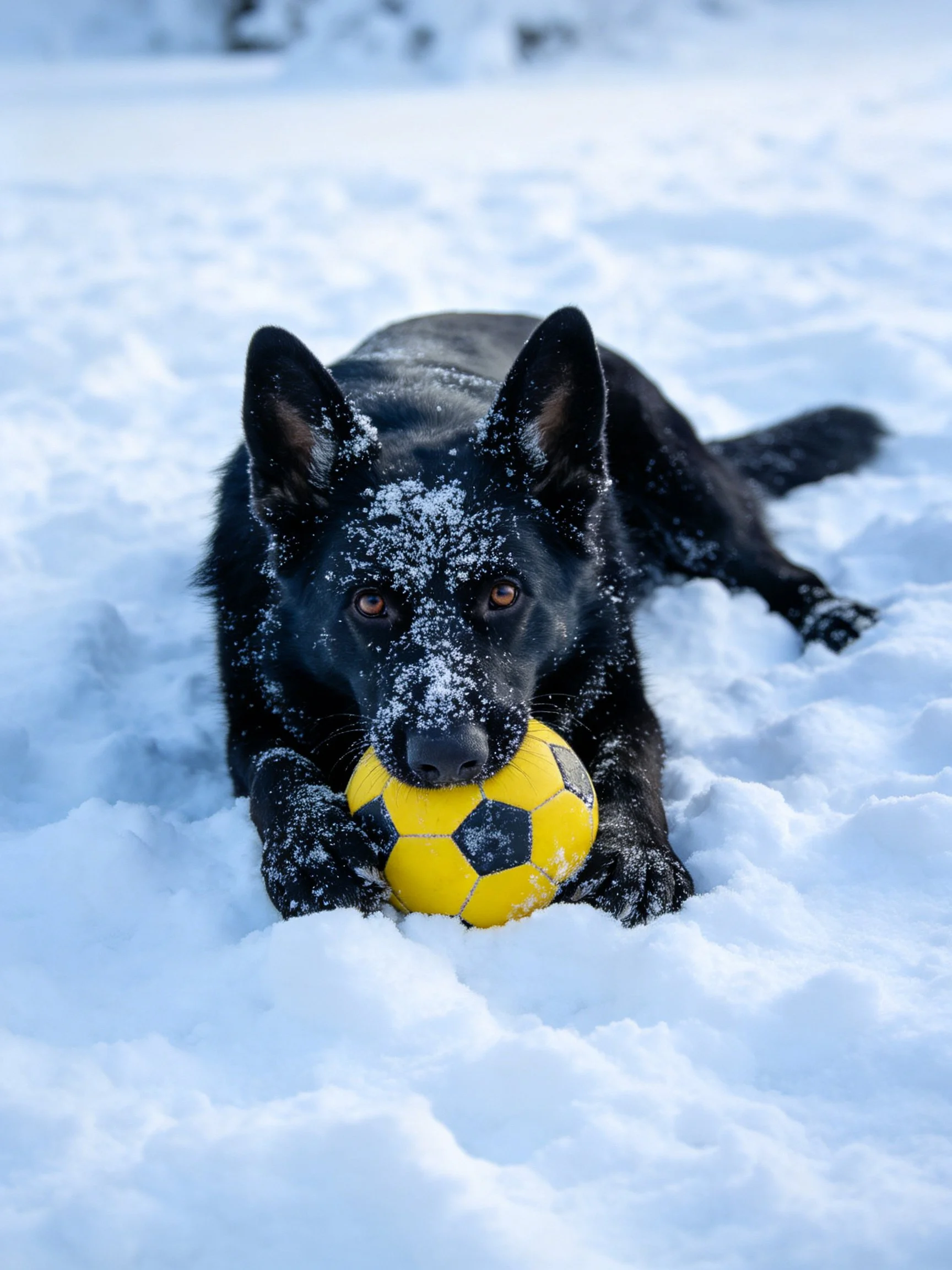 A black dog plays with a yellow ball in thick snow