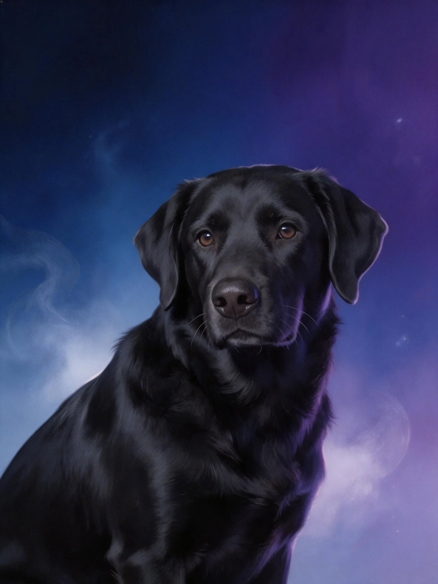 A black dog is shown against a colorful gradient sky.