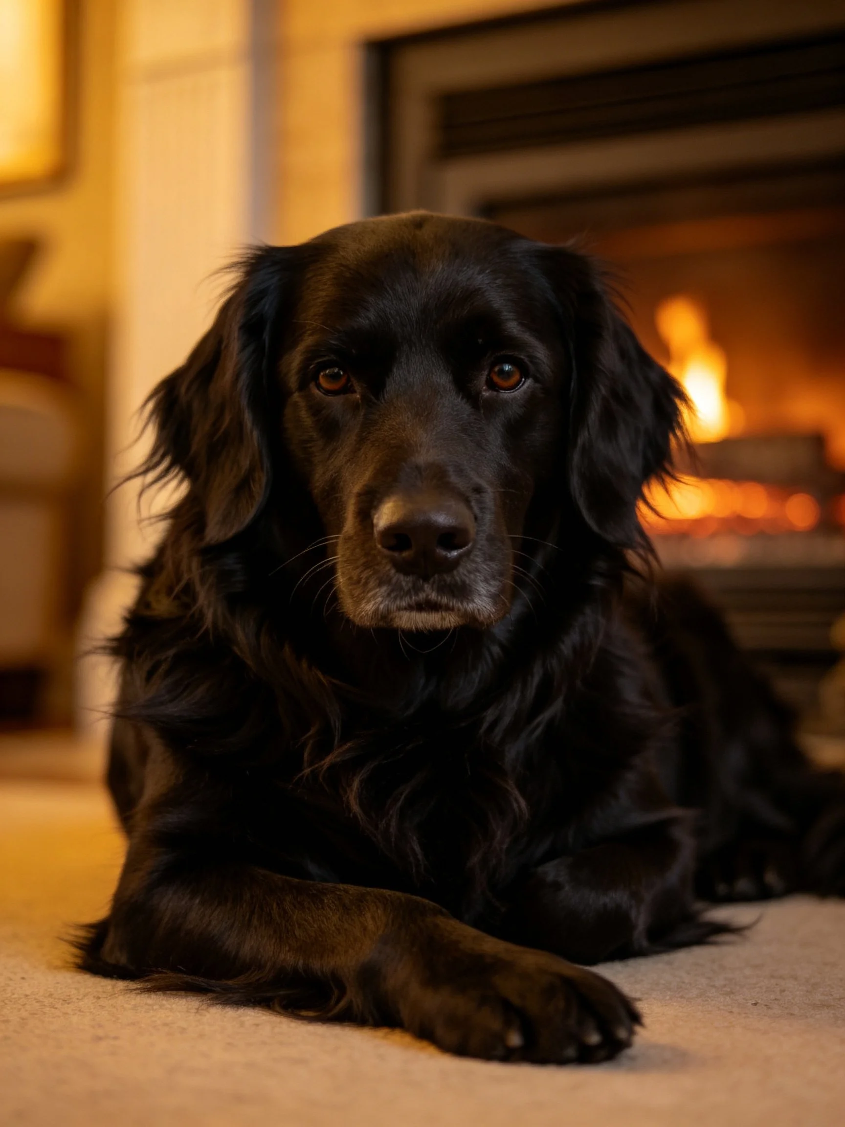 A black dog relaxes by a lit fireplace with warm illumination