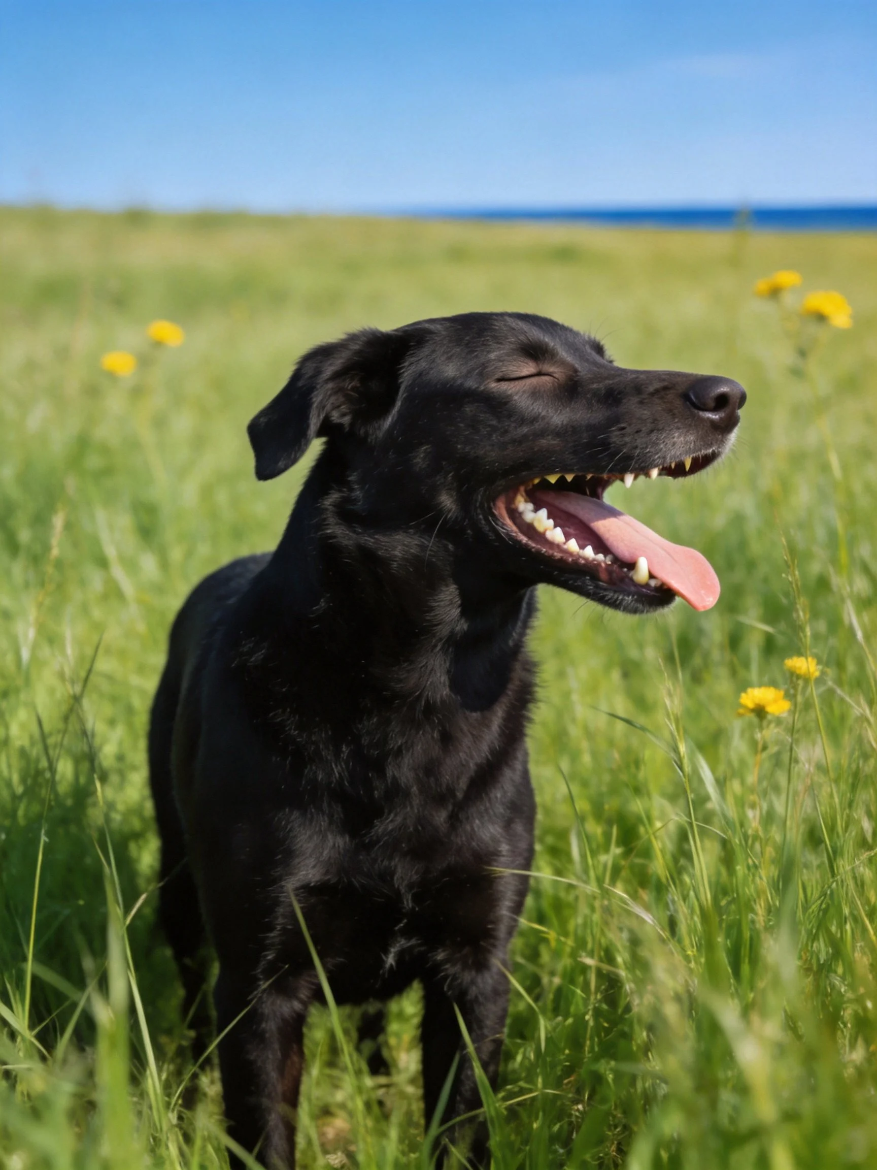 A black dog relaxes in a sunny meadow with yellow wildflowers