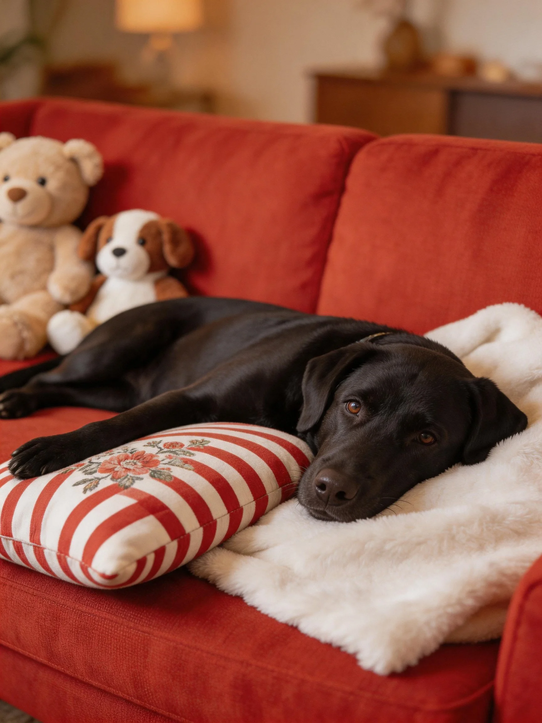 A black dog relaxes on ared couch with stuffed animals and pillows