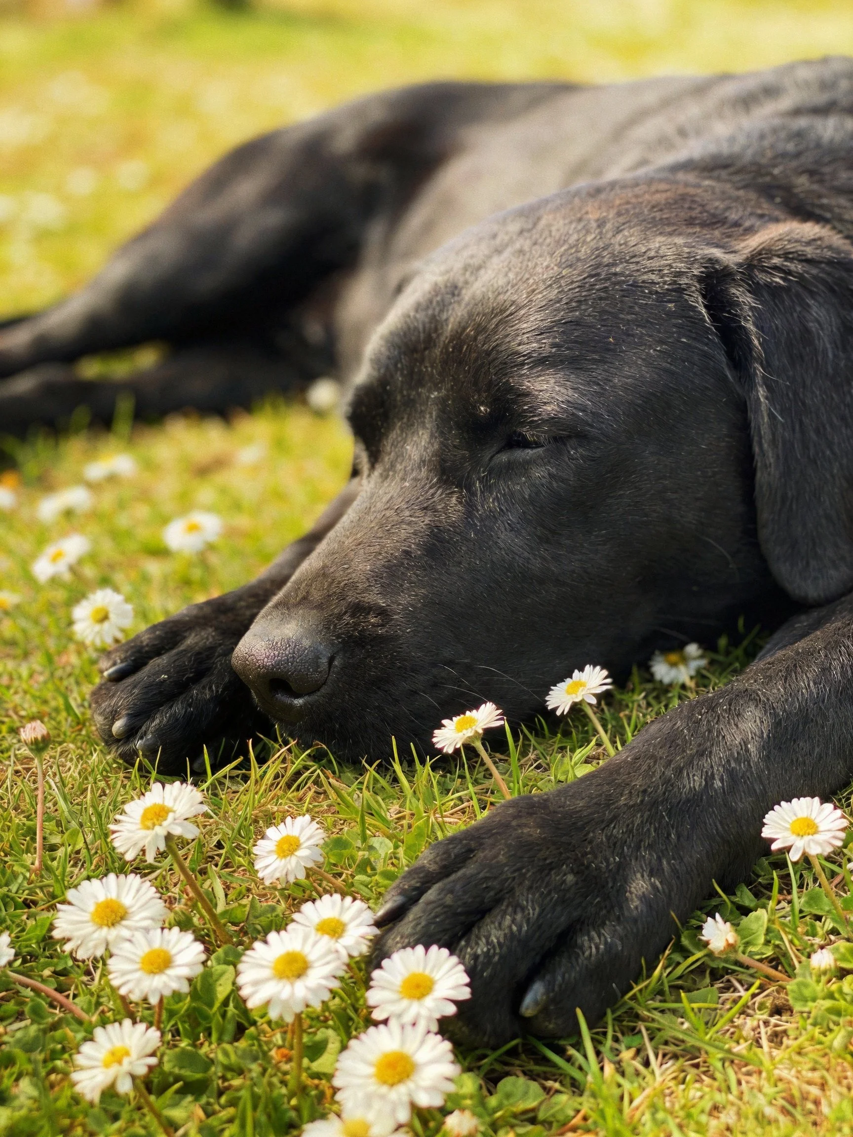 A black dog rests among daisies on grass.