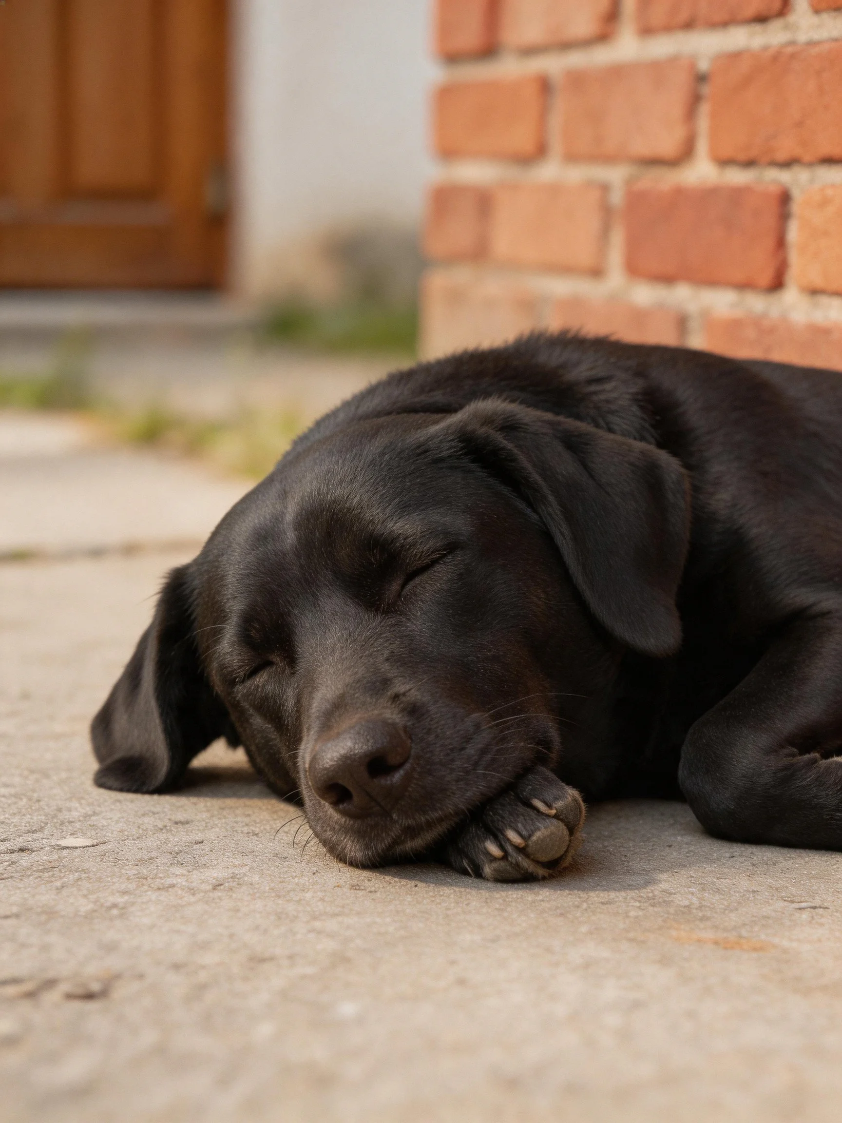 A black dog sleeps calmly beside a red brick wall outside.
