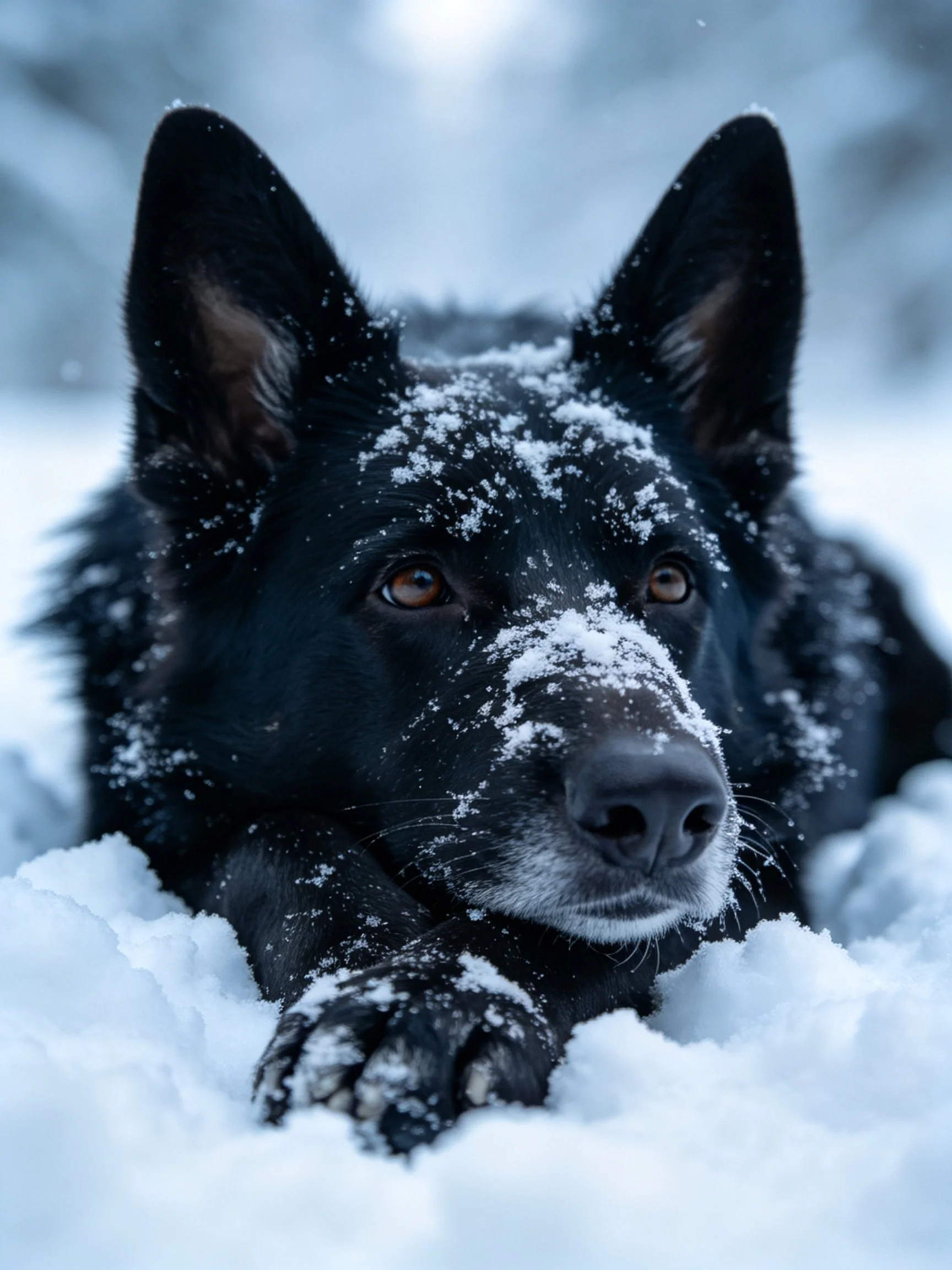 A black dog lies in deep snow with frost on its face.