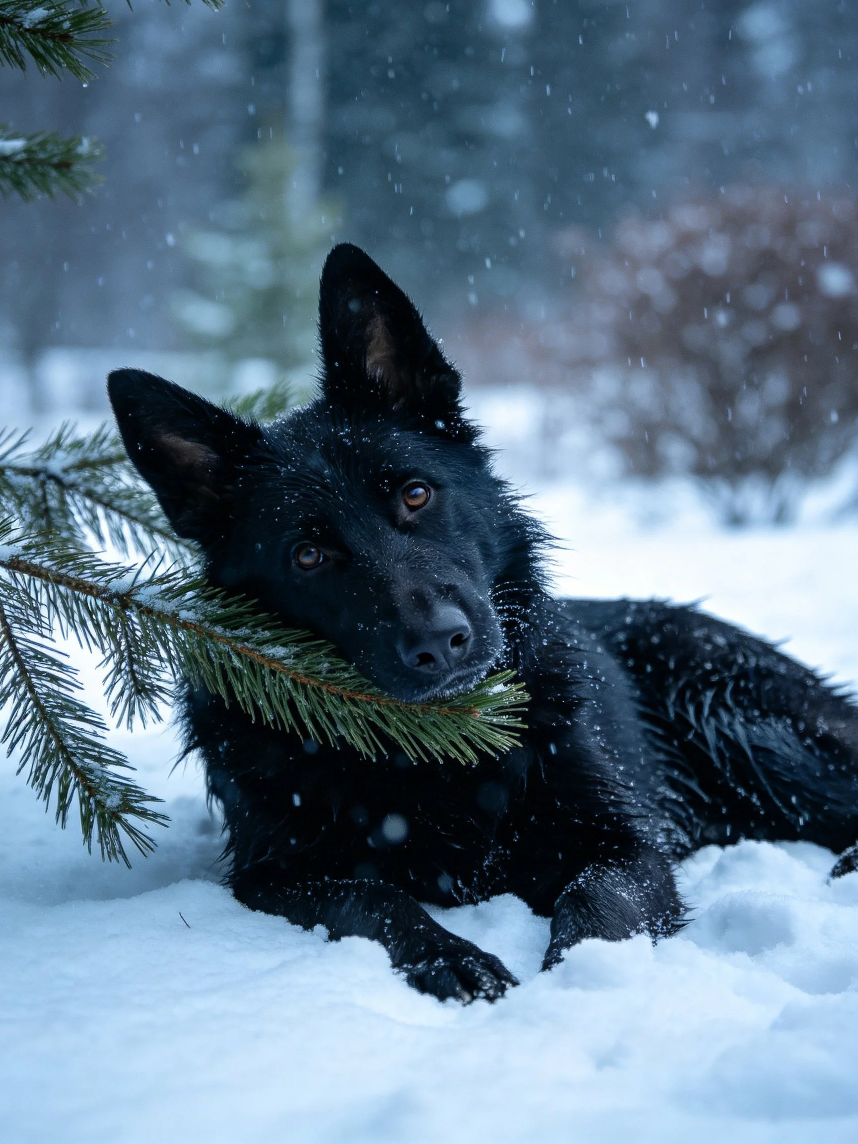 A black dog rests near pine branches amid falling snowflakes.