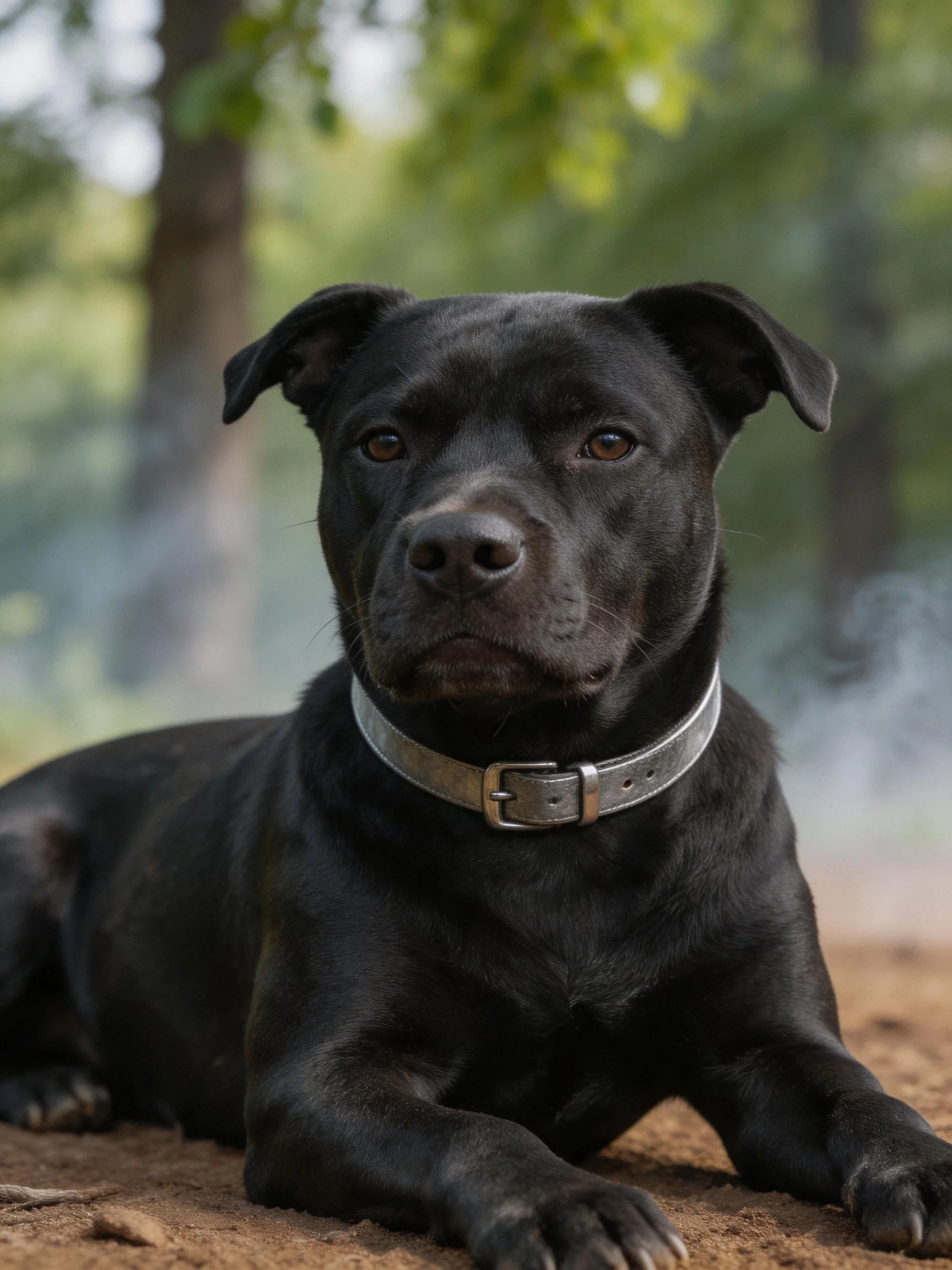 A black dog lies calmly on dirt ground in a forested area.
