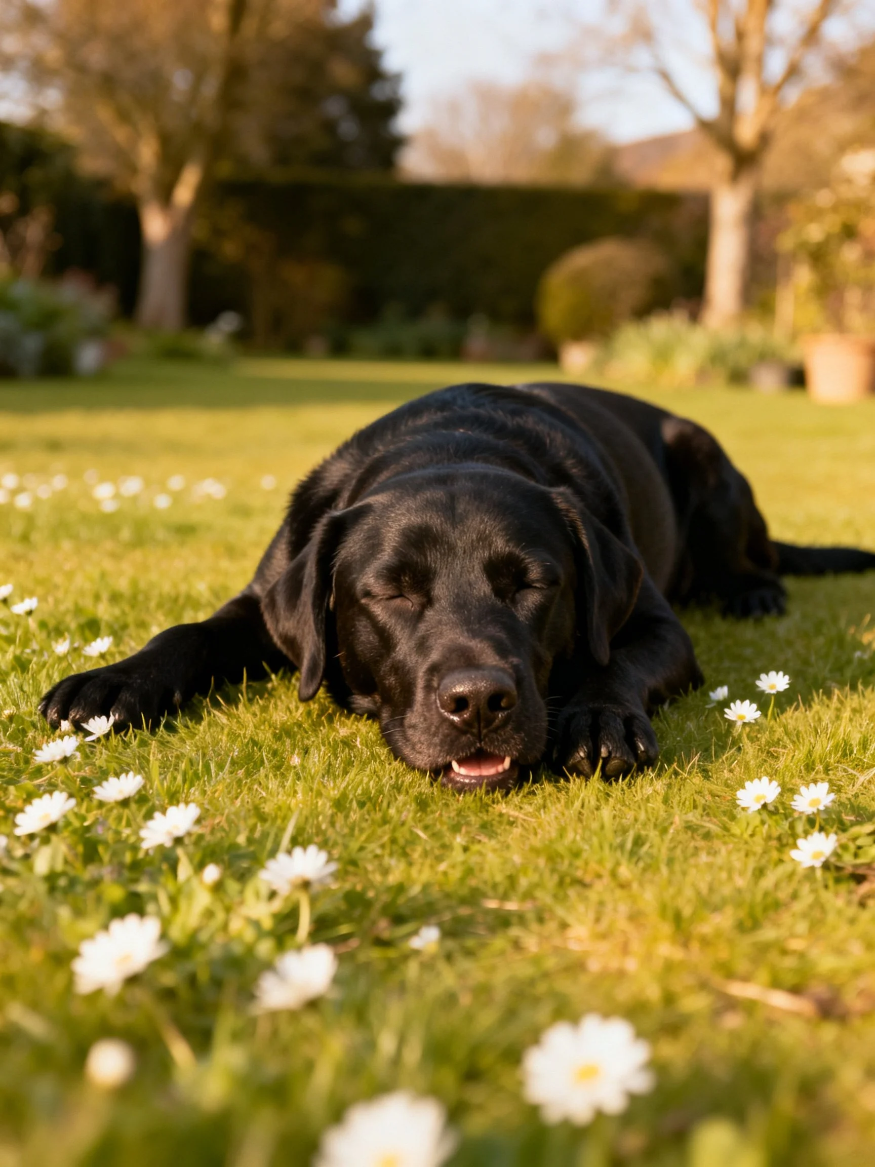A black dog relaxes on a grassy lawn with scattered white flowers.