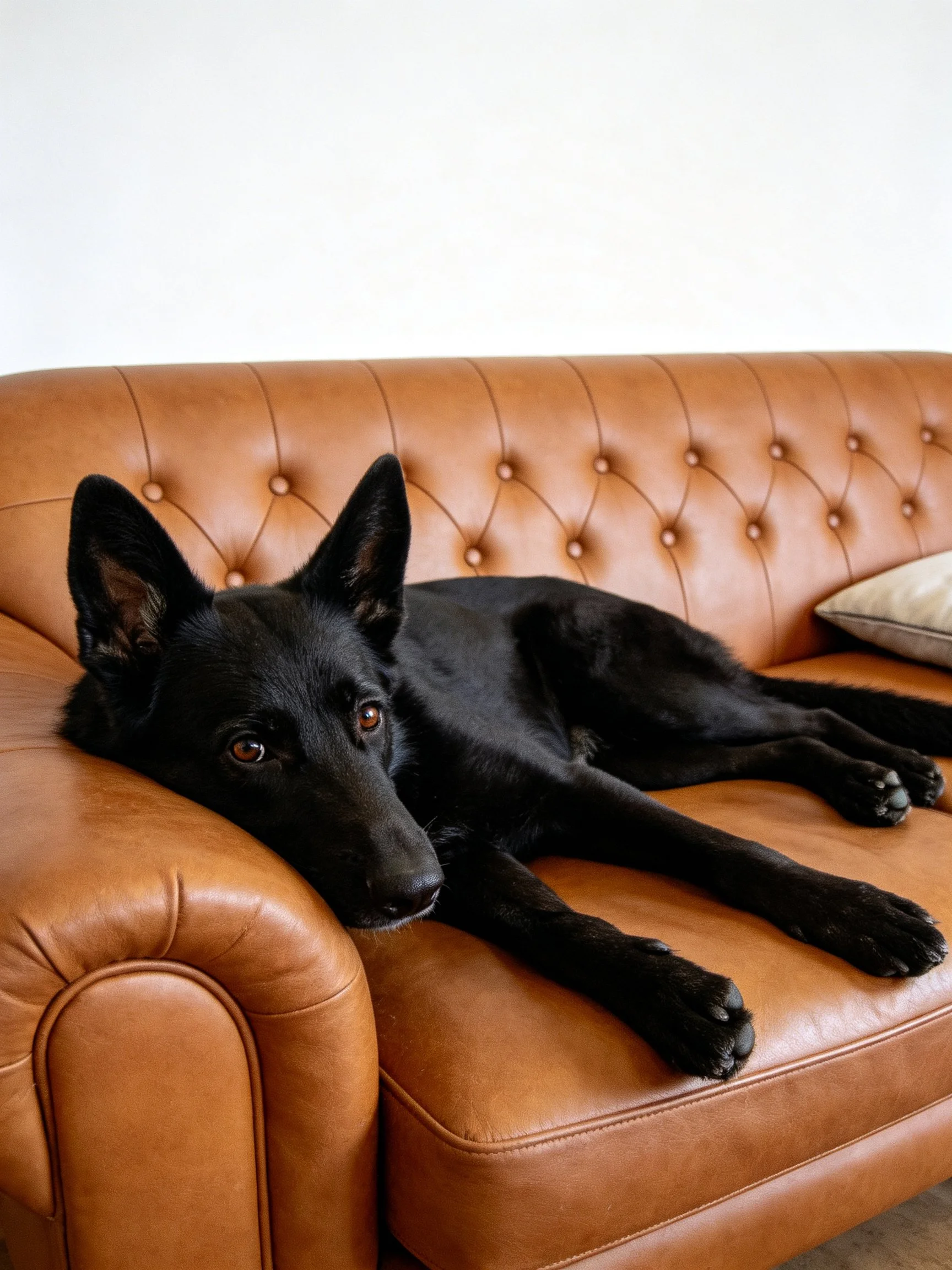 A black dog relaxes on a tufted brown leather sofa.