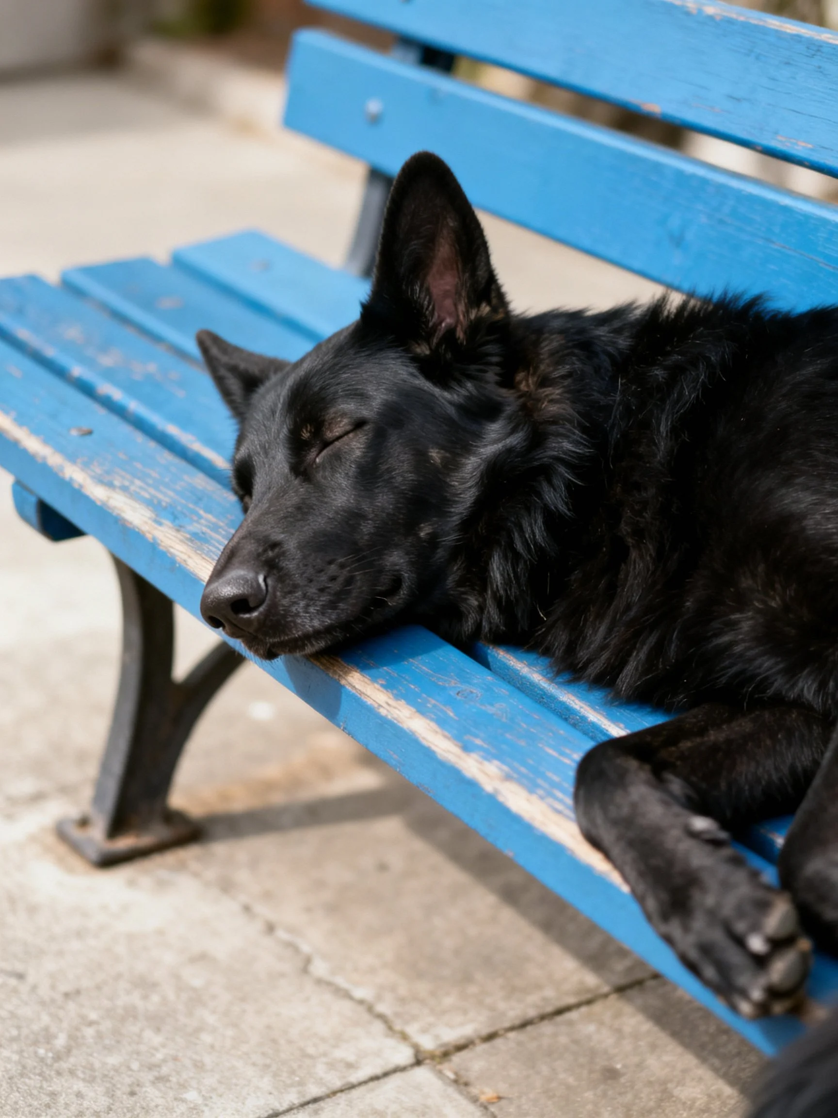 A black dog sleeps peacefully on a weathered blue park bench.
