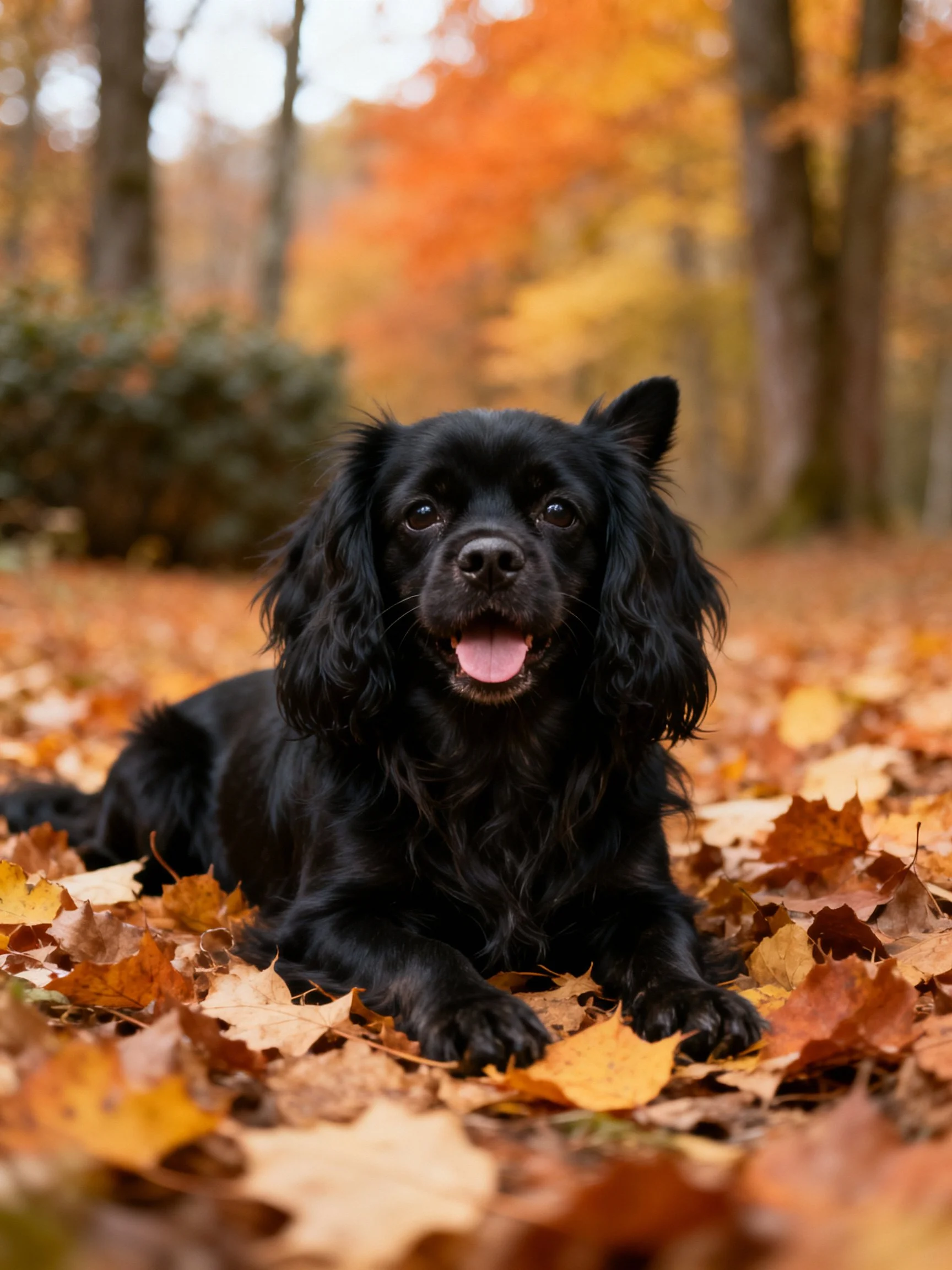 A black dog resting on autumn leaves with colorful fall backdrop