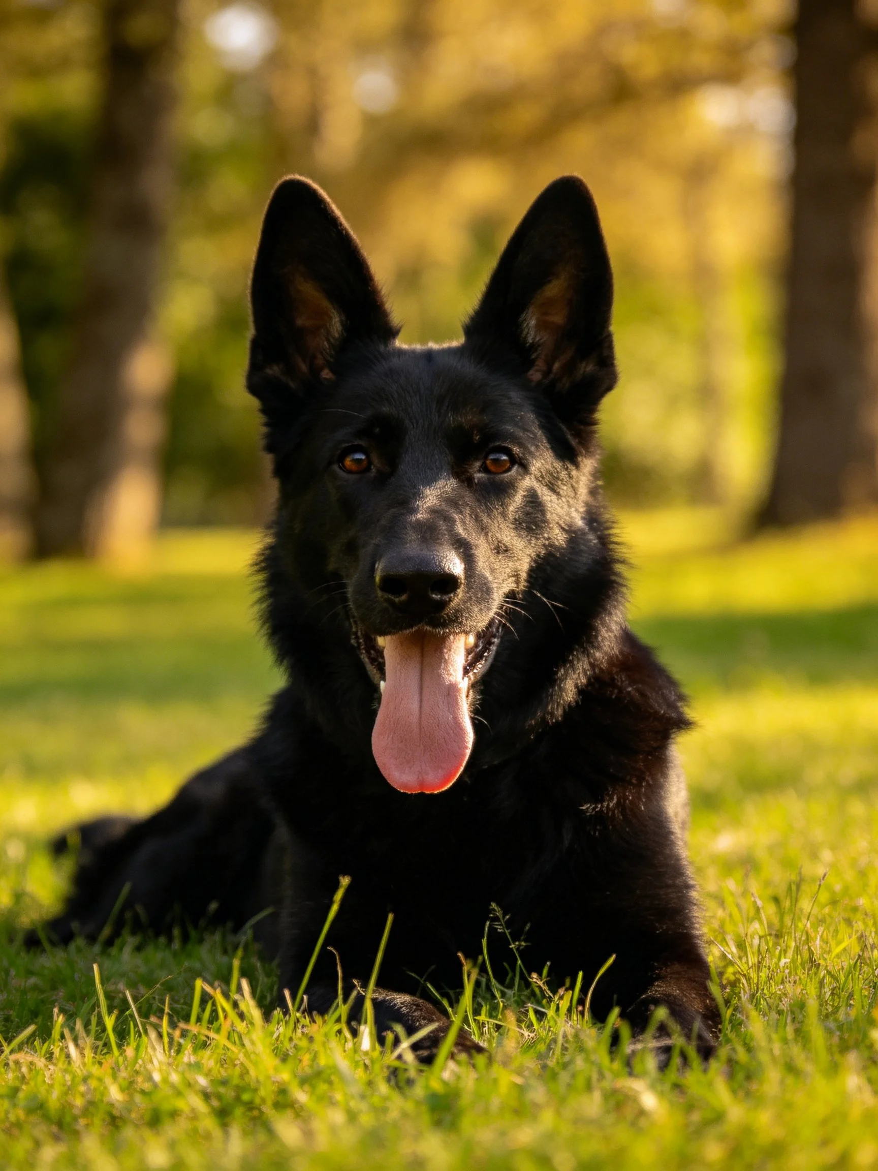 A black dog relaxes on grass in a sunlit natural setting with trees